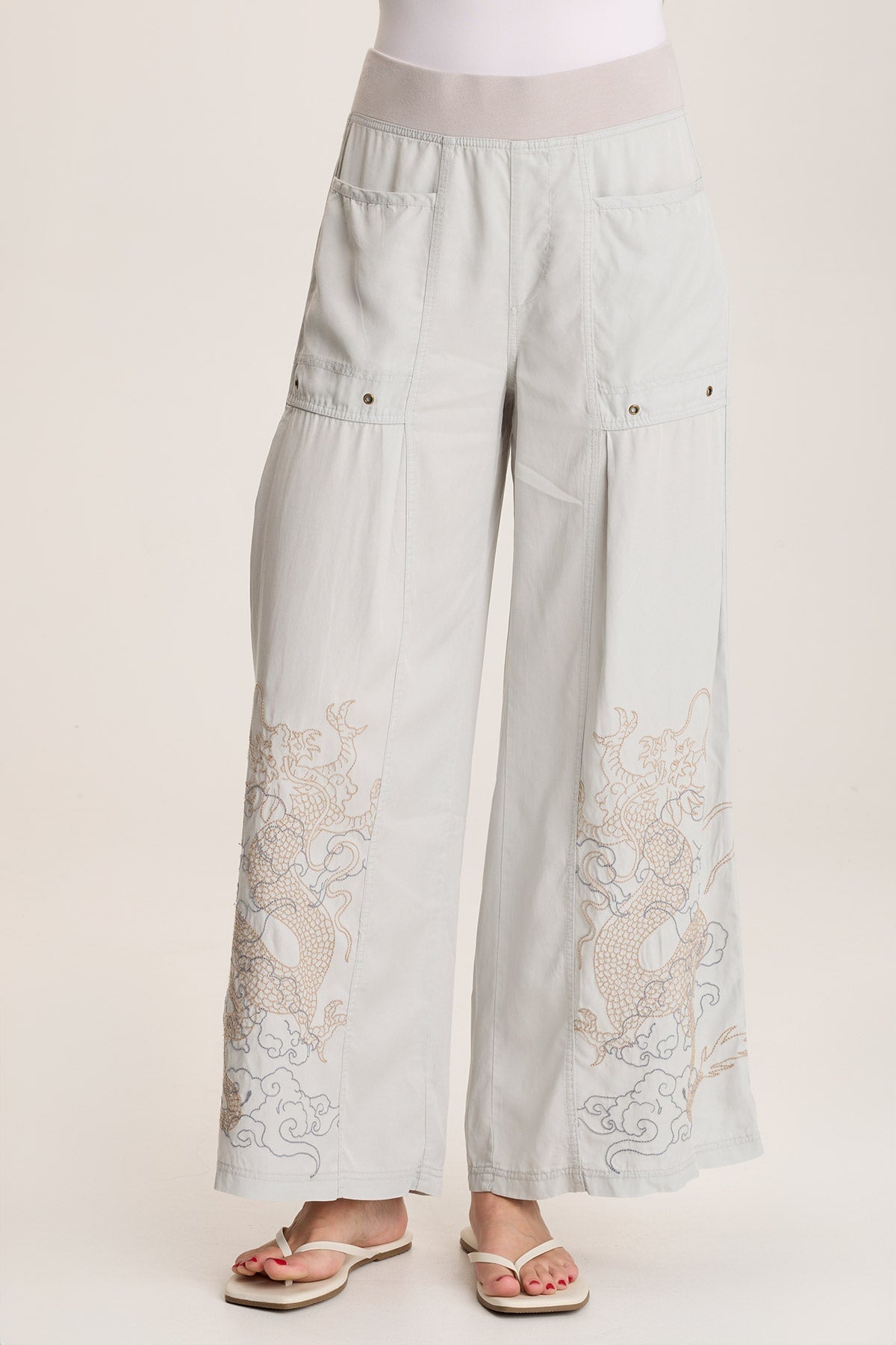 Phedora Women's High Waist Twill Embroidered Wide Leg Pants - Comfortable Loose Fit Casual Trousers for Work, Travel & Everyday Wear