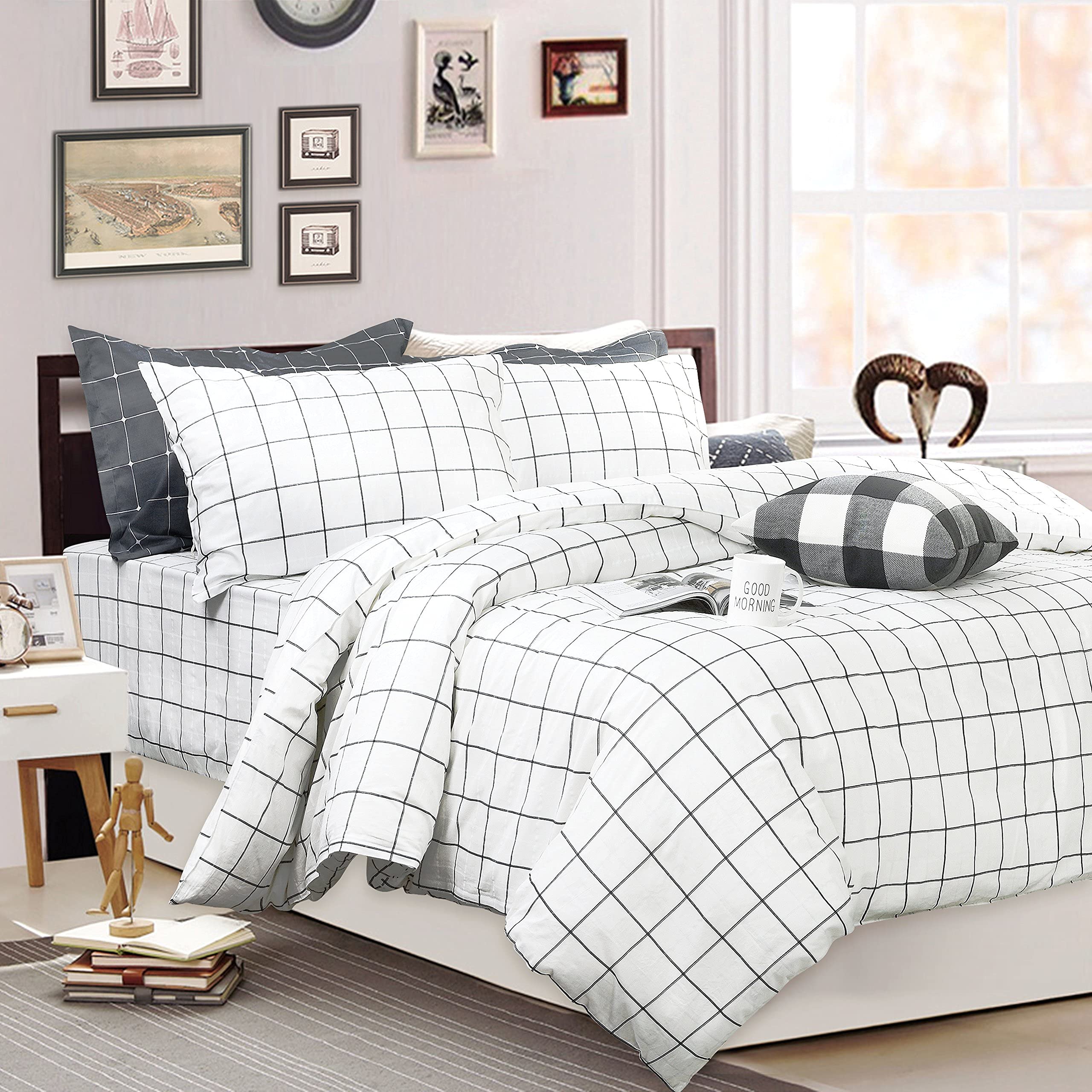 FADFAY White Plaid Comforter Set - 100% Cotton Buffalo Check Summer Quilt with Deep Pocket Sheets (6 Piece Queen Size) | Cozy Bedroom Decor for Guest Rooms & Farmhouse Style Homes