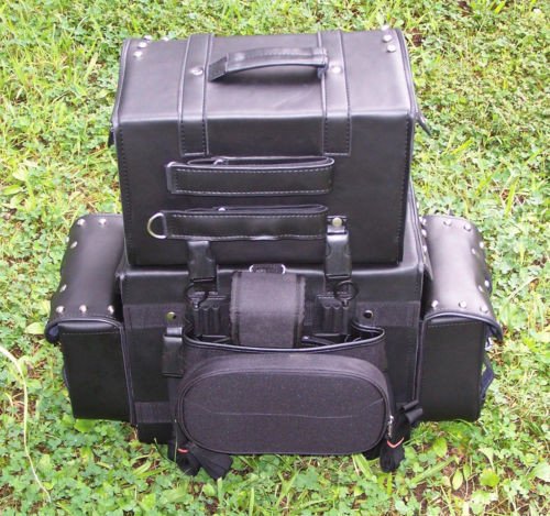 Motorcycle Sissy Bar Bags & T-Bags Set - 4 Piece Leather Luggage with Padded Backrest & Studded Design for Harley, Cruiser Bikes | Long Distance Riding & Road Trips