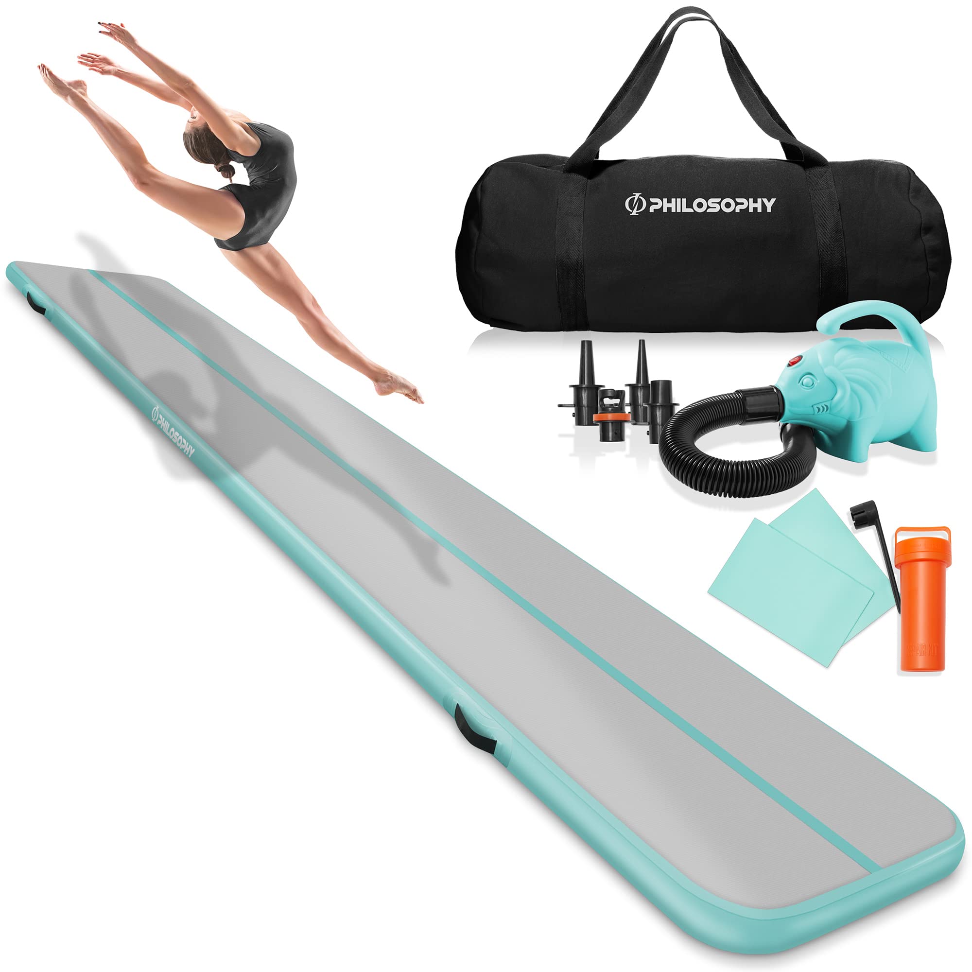 **10ft/13ft/20ft Inflatable Air Gymnastics Mat - 4/8 Inch Thick Training Mat for Home Gym, Cheerleading, Yoga & Water Use - Includes Air Pump**    *(Perfect for Indoor/Outdoor Fitness, Kids Play, Gymnastics Practice & Pool Fun)*