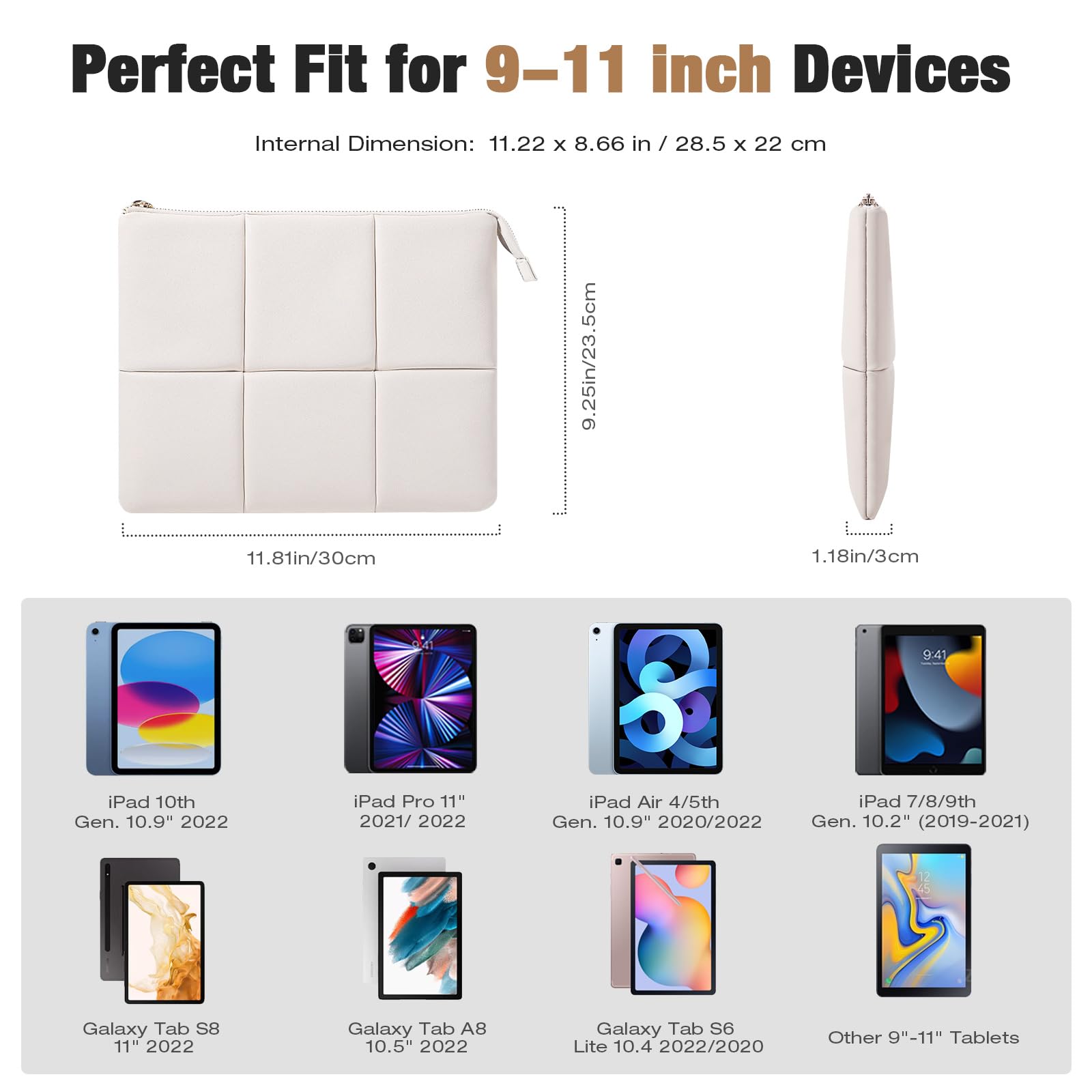 MoKo 11 Inch Tablet Sleeve Case - Premium PU Leather Puffy Protective Cover for iPad Pro 11 (M4/M2), iPad Air 10.9 (5th/4th Gen), iPad 10th Gen - Built-in Elastic Band, Lightweight & Durable - Perfect for Travel, Office & School Use (White)