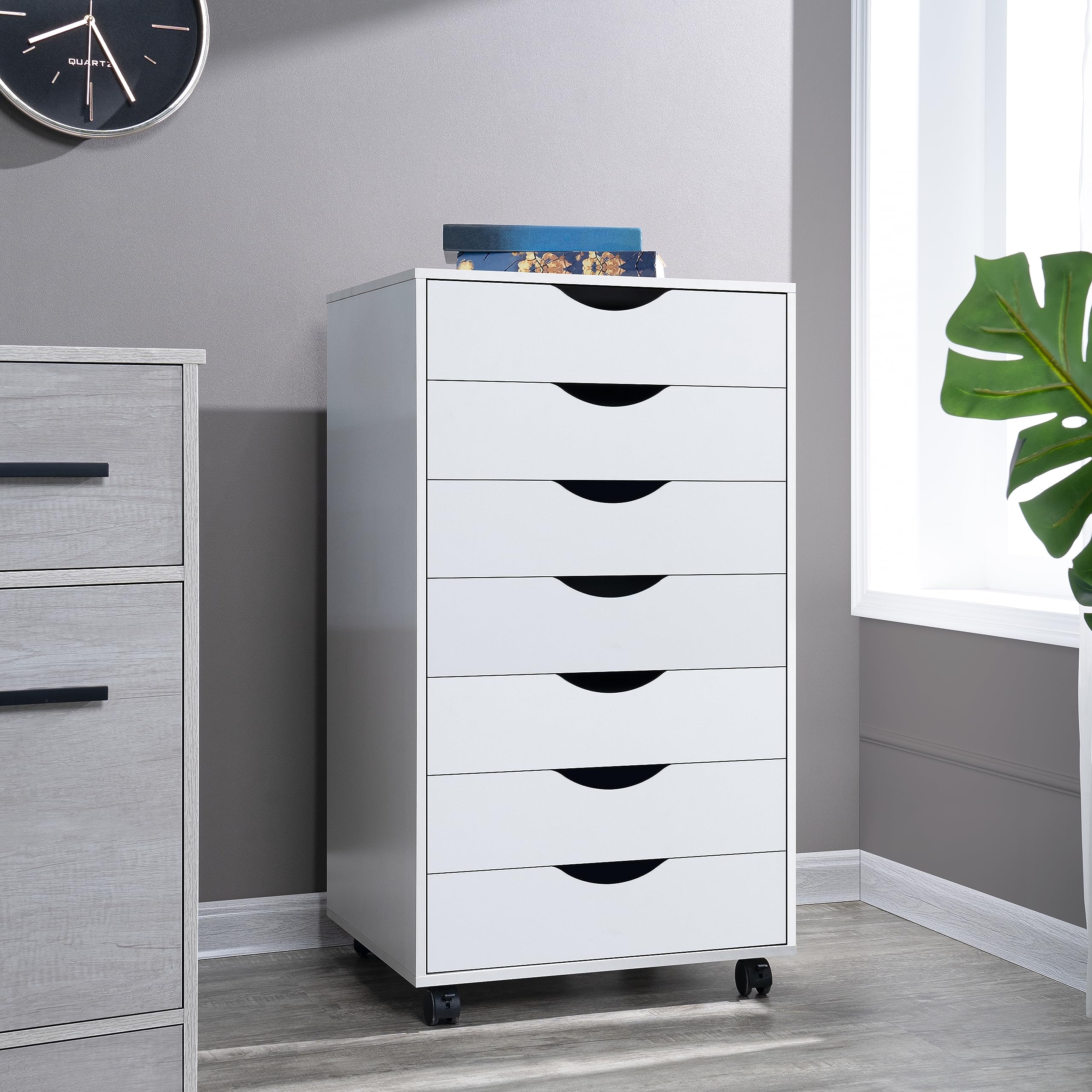 Naomi Home 7-Drawer Office File Cabinet with Wheels - White, Under Desk Storage Organizer for Home Office, 180 lbs Capacity - Perfect for Printer Stand & Document Filing Organization