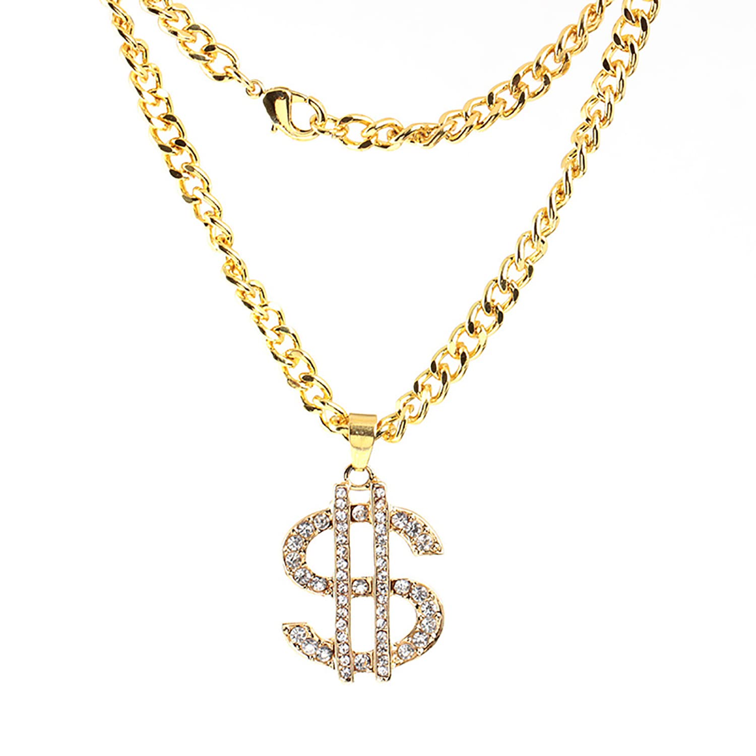Gold Plated Dollar Sign Pendant Necklace for Men & Women - Hip Hop Rhinestone Chain Jewelry - Perfect for Parties, Gifts & Streetwear Fashion
