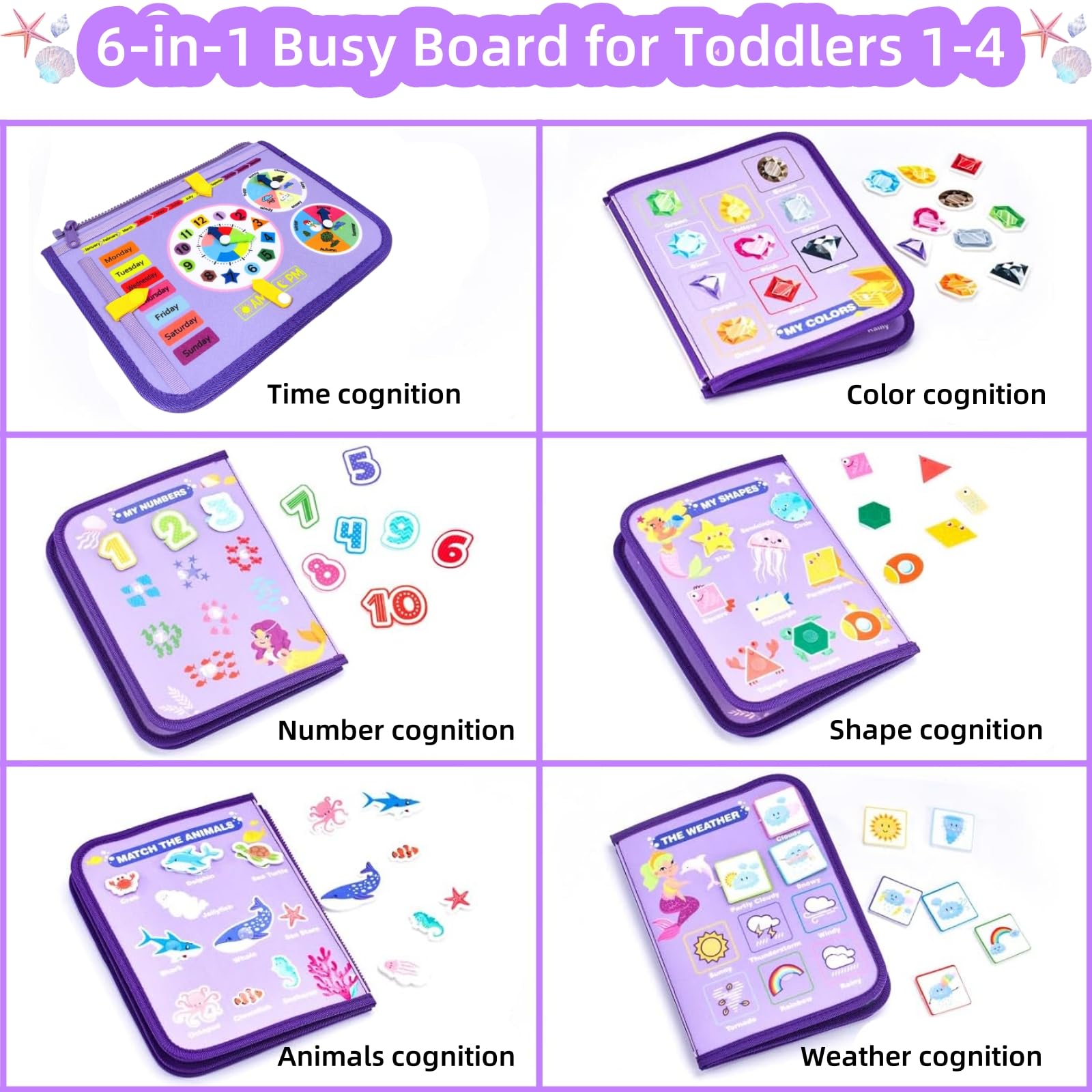 Montessori Busy Board for Toddlers 1-4 Years Old - Sensory Learning Toy with Buckles, Zippers & Locks - Educational Travel Activity for Boys & Girls - Perfect Birthday Gift for 1-3 Year Olds (Purple) - Great for Airplane, Car Rides & Quiet Playtime