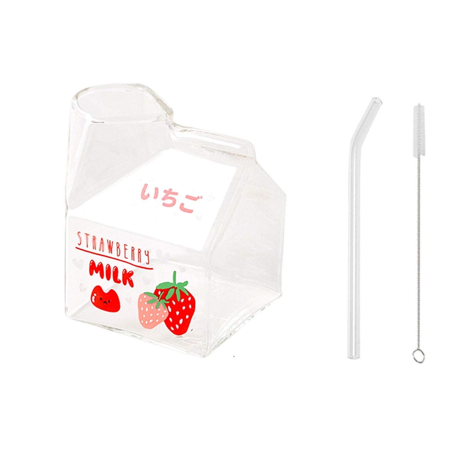 Japanese Style Creamer Pitcher - Creative Glass Milk Jug with Straw Decal, Carton-Shaped for Kids - Perfect for Home, School & Office Use (Strawberry Color) - Ideal for Breakfast, Tea Time & Milk Serving