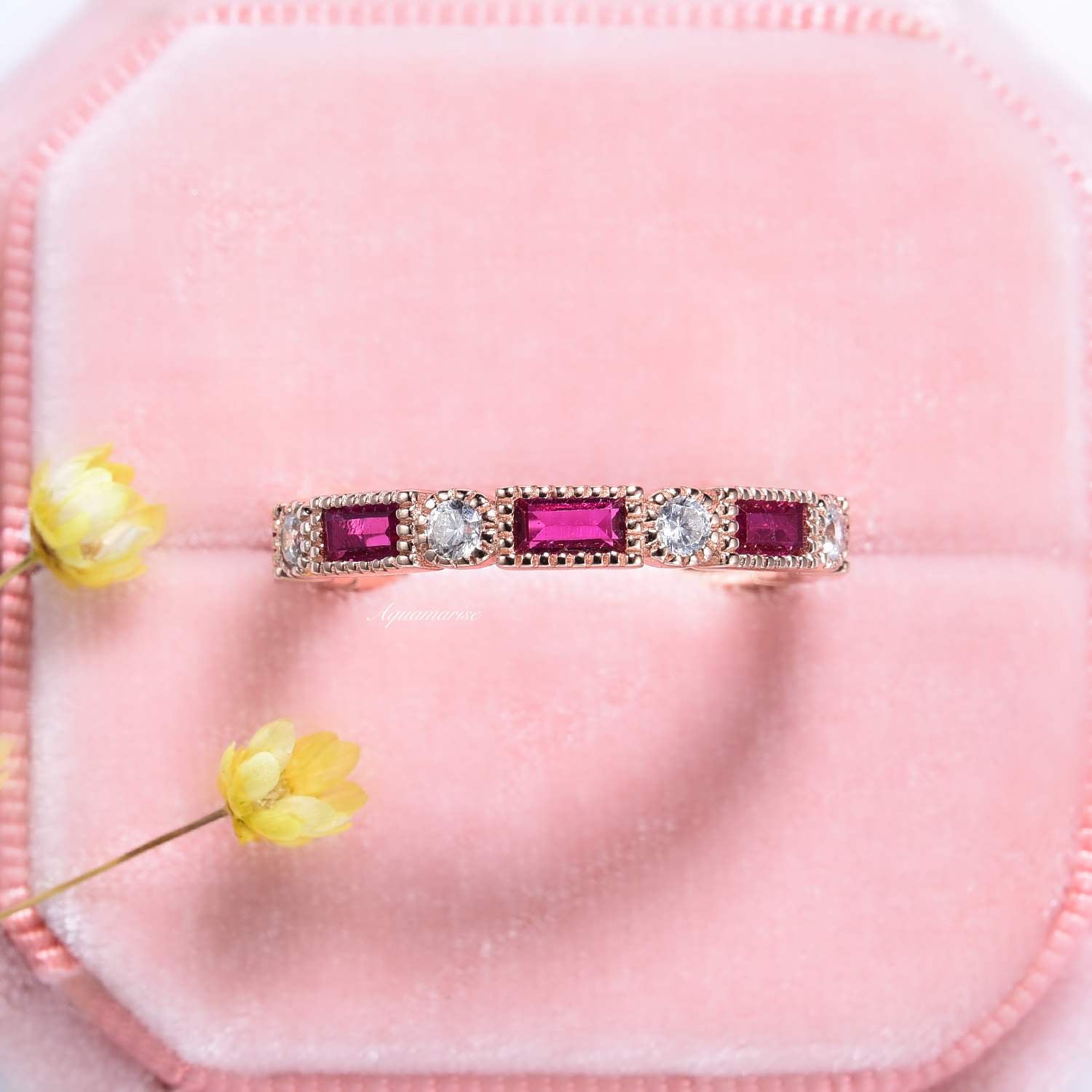 Ari Vintage Ruby Band 14K Rose Gold Vermeil Ring for Women - Elegant Stackable Jewelry for Weddings, Anniversaries & Special Occasions