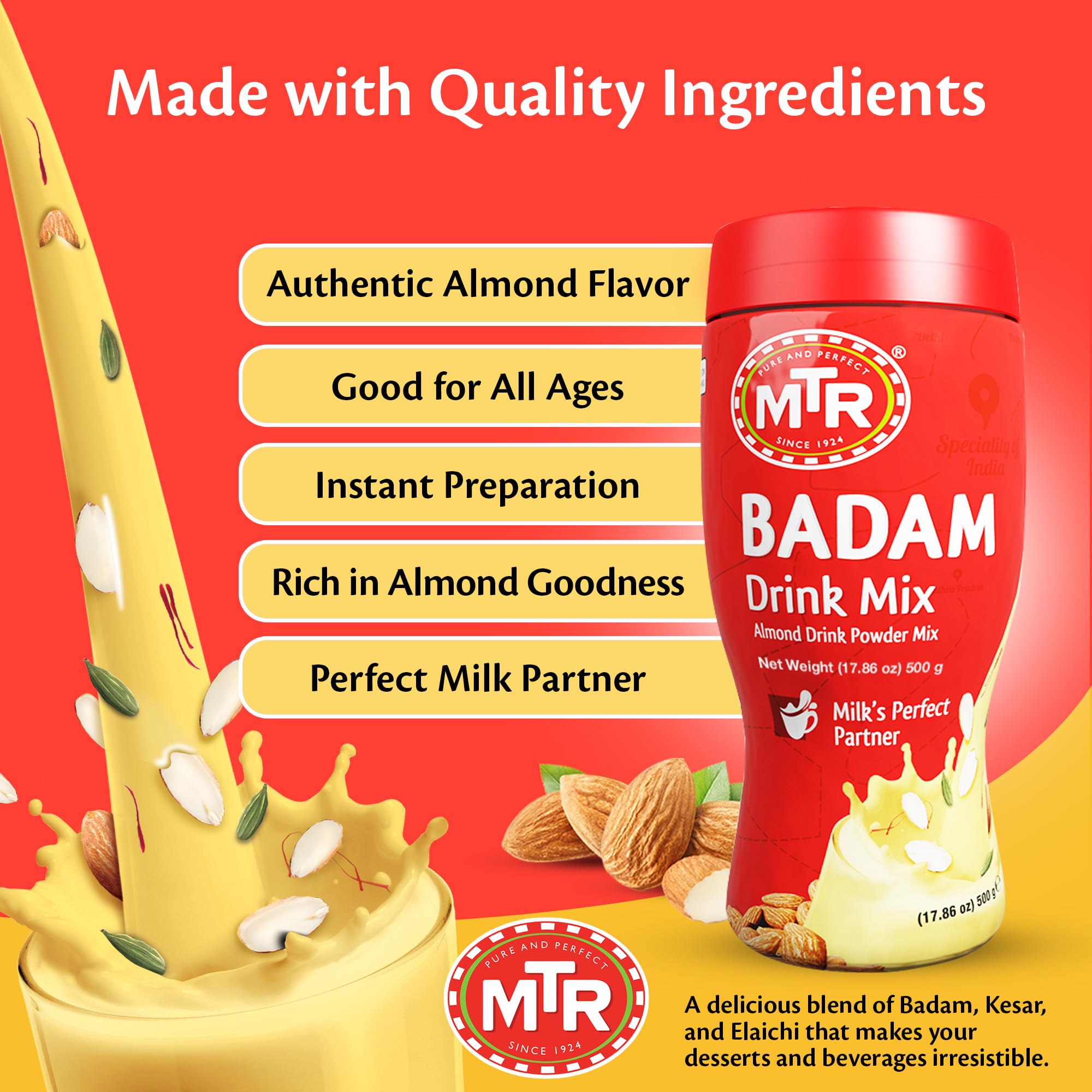 MTR Badam Almond Drink Mix Powder - 500g Pet Jar | Instant Nutritious Beverage for Energy Boost, Breakfast & Healthy Snacking