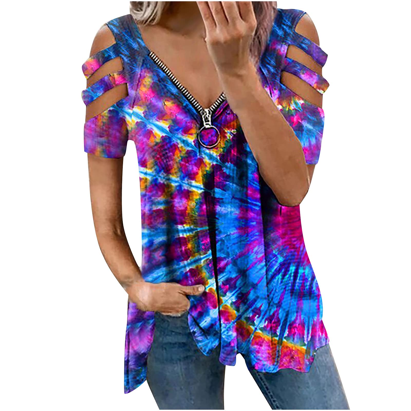 Women's Cold Shoulder Tops - Trendy Floral Print Zip-Up Blouse & Graphic Tee Short Sleeve Shirt for Casual Outings, Date Nights & Summer Fashion
