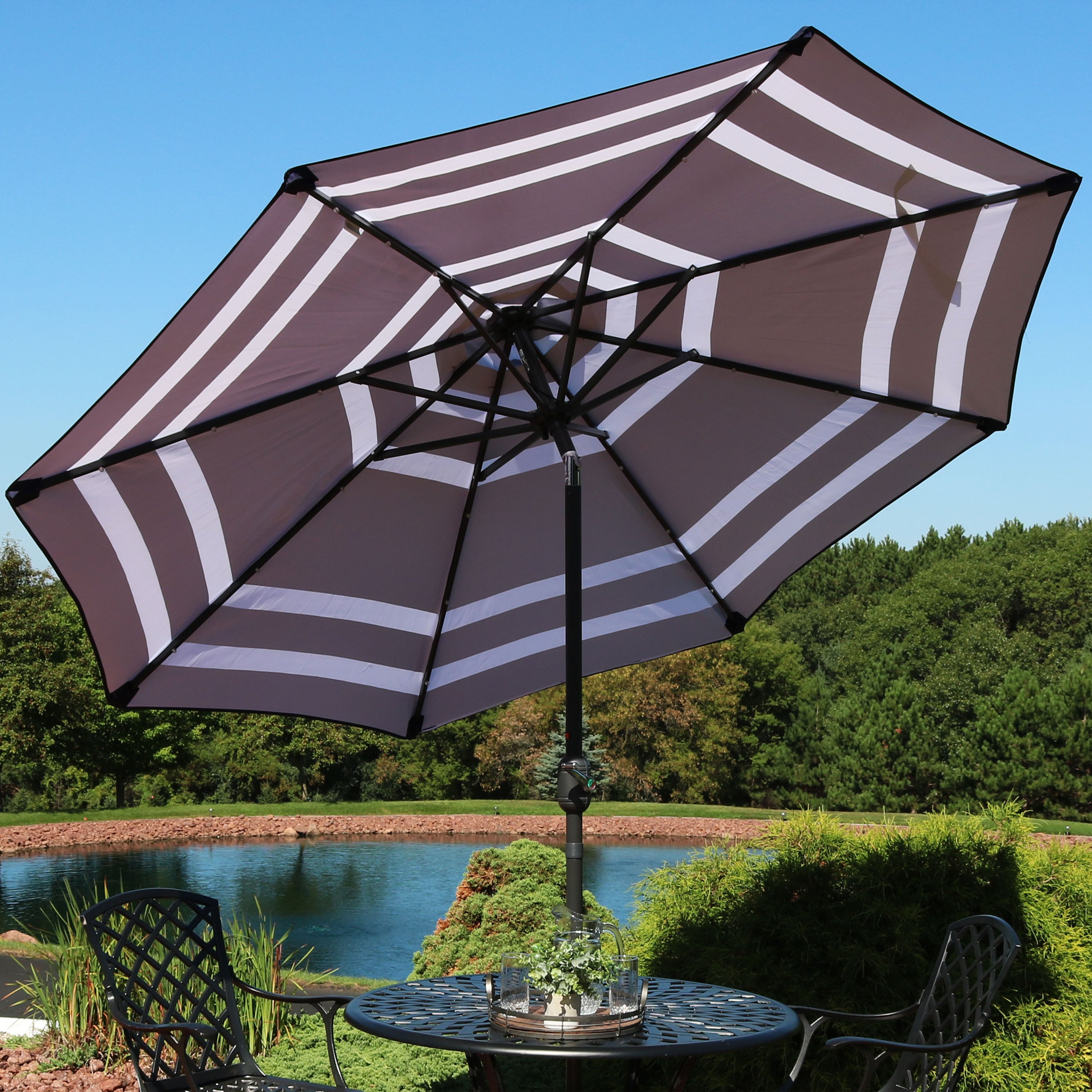 Sunnydaze 9-Foot Striped Outdoor Patio Umbrella with Built-in Solar LED Lights - Perfect for Backyard, Poolside, and Beach Relaxation