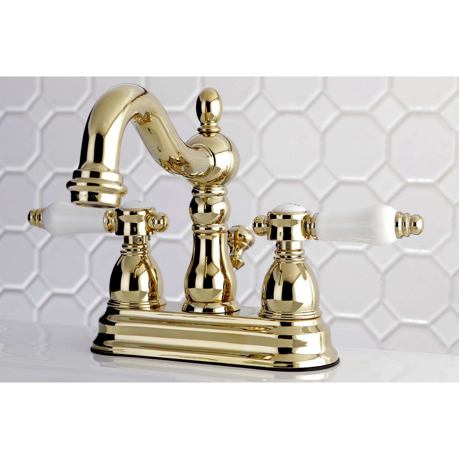 Bel Air KB1602BPL 4 Inch Centerset Bathroom Faucet - Double Handle 3 Hole Deck Mount with Pop Up Drain, Polished Brass - Perfect for Bathroom Sink Vanity and Powder Room Renovation