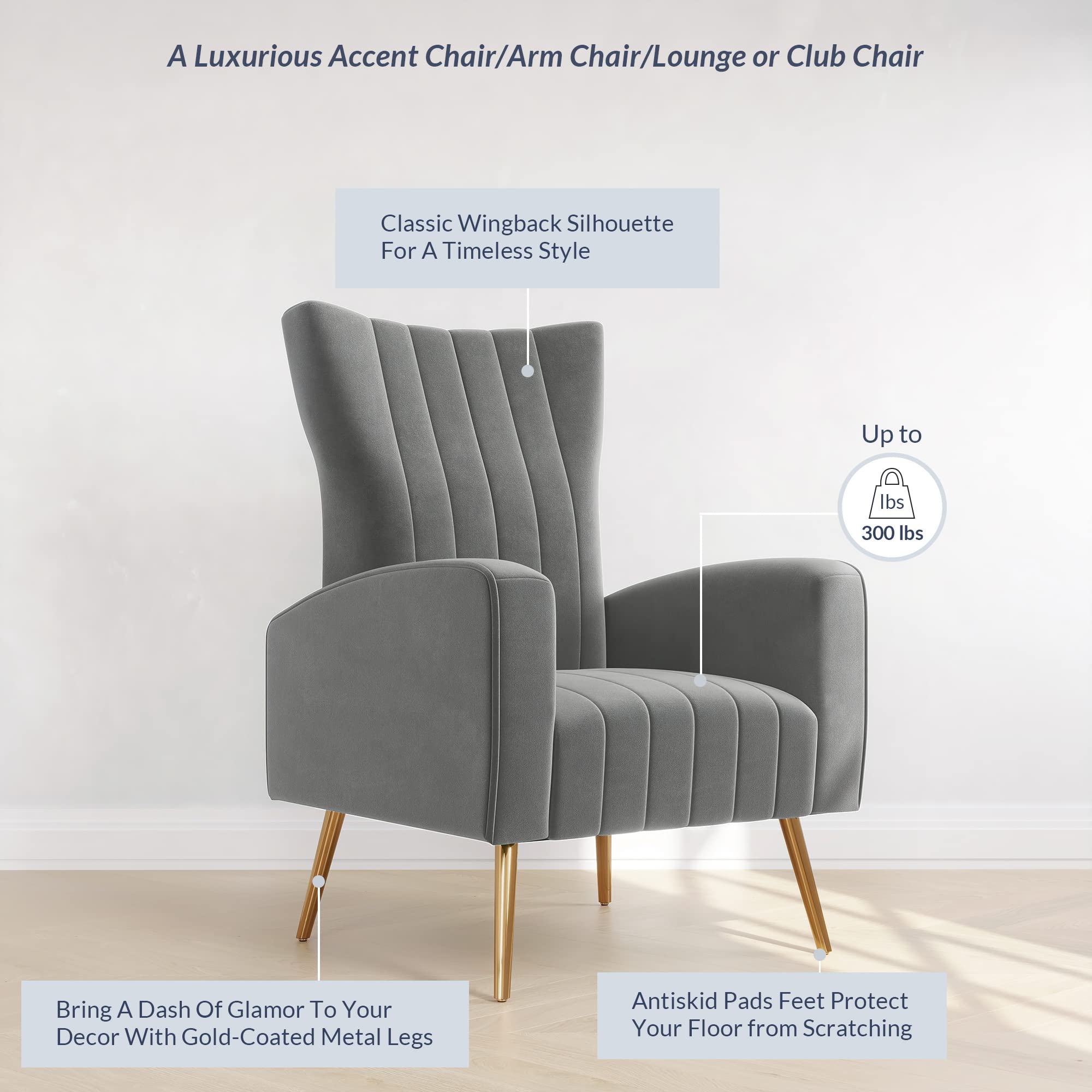 BELLEZE Modern Velvet Wingback Accent Chair with Metal Legs & Armrests - Upholstered High Back Vanity Chair for Living Room, Bedroom, Office - Kinsley (Gray) - Perfect for Reading, Relaxing & Home Decor