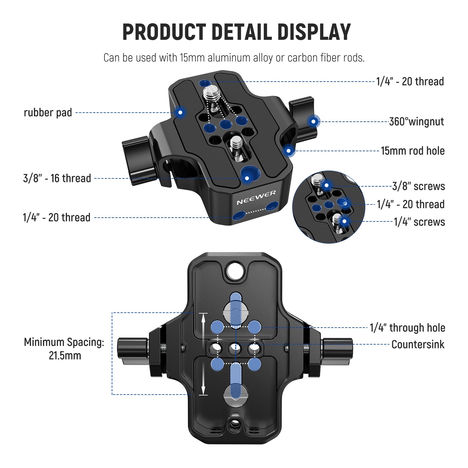 NEEWER SR001 Camera Base Plate with 15mm Rod Clamp Railblock - Compatible with DSLR, Mirrorless & Cinema Cameras - Perfect for Video Rig, Shoulder Mount & Stabilizer Setups
