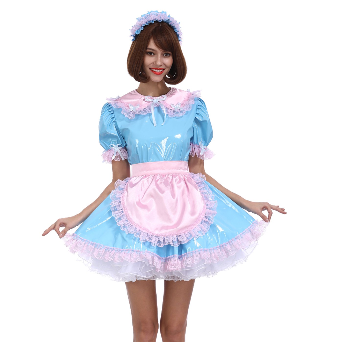 Sexy French Maid Costume for Women - Light Blue PVC Dress Uniform for Cosplay, Halloween & Role Play - Perfect for Parties, Lingerie & Fetish Wear