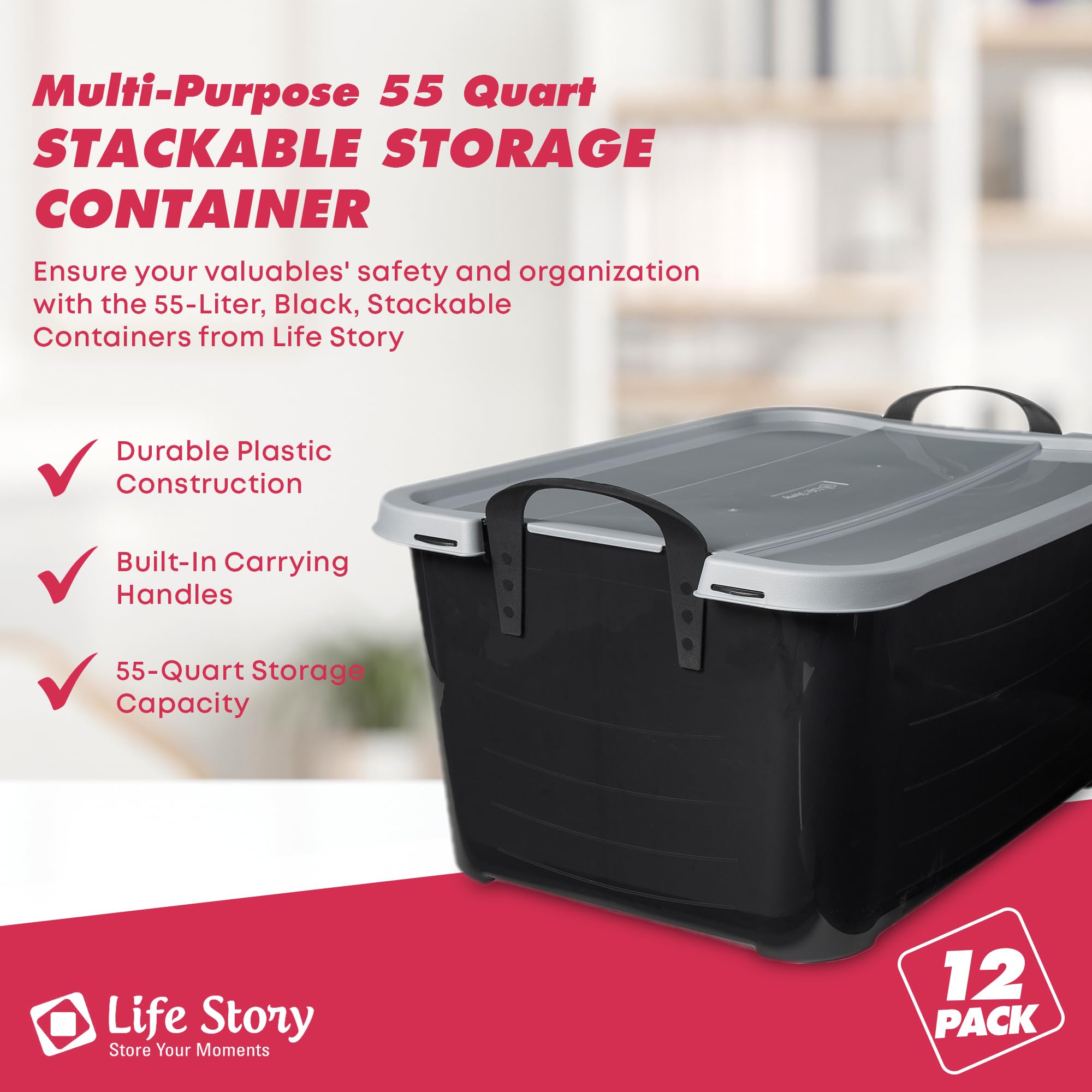 55 Quart Stackable Storage Bins with Secure Snapping Lids & Built-in Handles - 12 Pack Black Plastic Containers for Moving, Home Organization & Closet Storage - Durable Moving Boxes for Packing, Office Supplies & Seasonal Decor