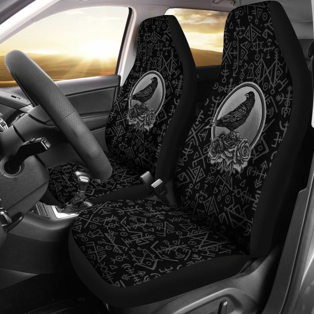 Premium Viking Odin Raven Floral Rune Symbols Car Seat Covers - Norse Mythology Design for Cars, Trucks & SUVs - Perfect for Viking Enthusiasts & Norse Decor Lovers