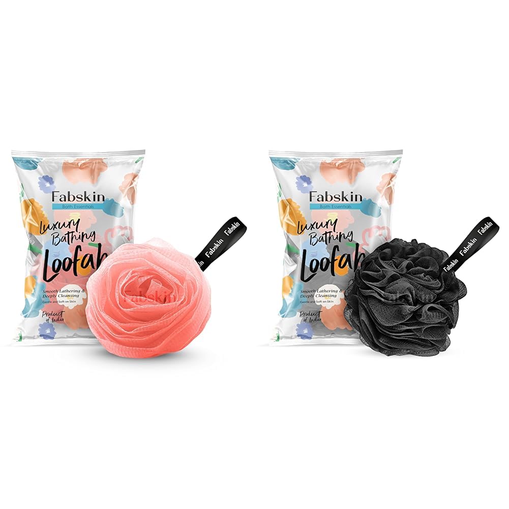 FABSKIN Rose & Loofah Bath Sponge Set - Exfoliating Shower Scrubber for Women & Men - Peach & Black Colors - Perfect for Body Wash, Exfoliation & Skin Renewal - Ideal for Daily Shower & Spa Routine