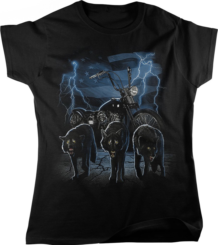 NOFO Clothing Co Motorcycle Wolf Pack American Flag Lightning Women's T-Shirt | Biker Graphic Tee for Women | Perfect for Motorcycle Rides, Concerts & Casual Outfits