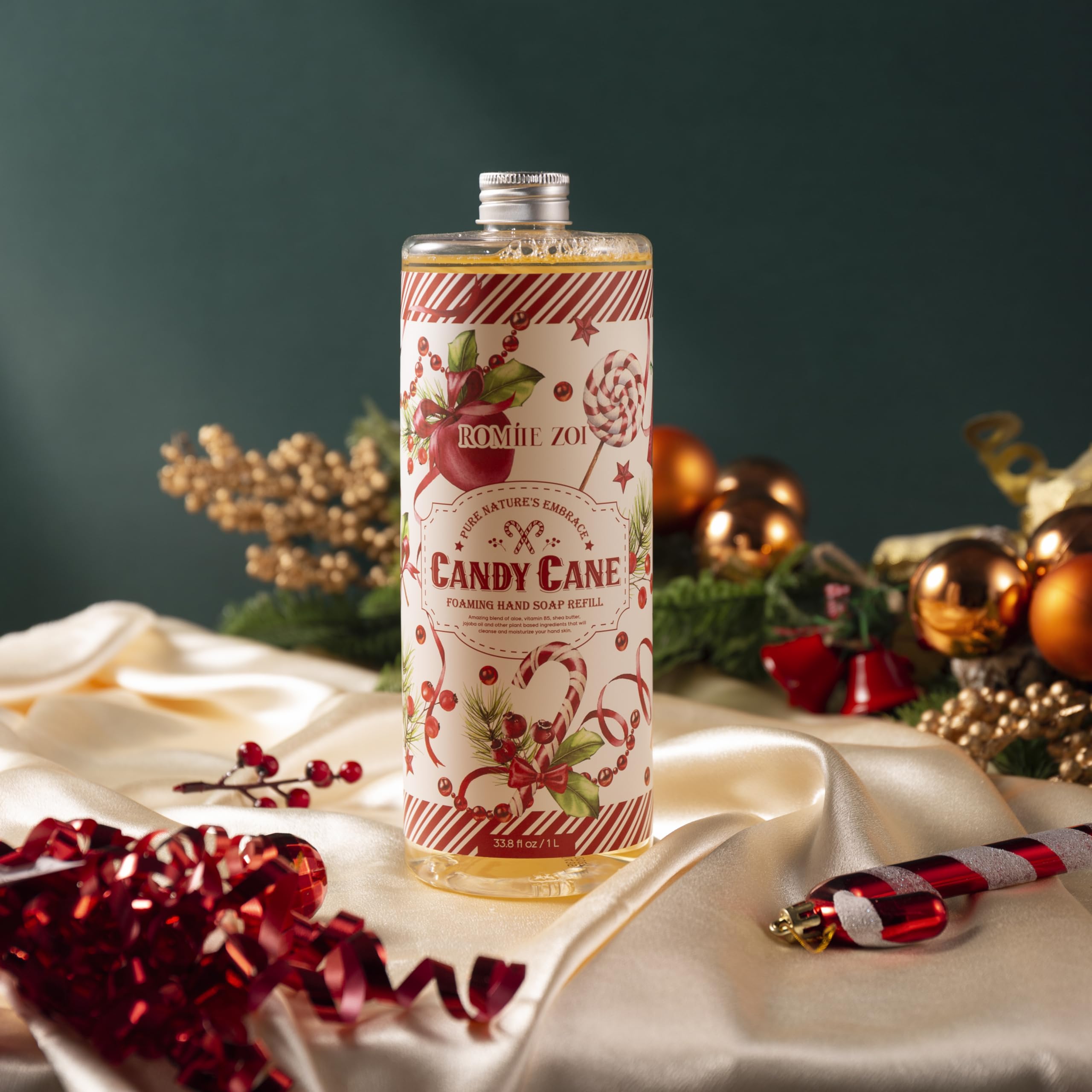Christmas Foaming Hand Soap Refill - Candy Cane Scent with Peppermint Aroma, Gentle Moisturizing Formula for Home & Kitchen, 1 Liter (33.8 Fl Oz) - Perfect for Holiday Hand Washing & Gift Giving