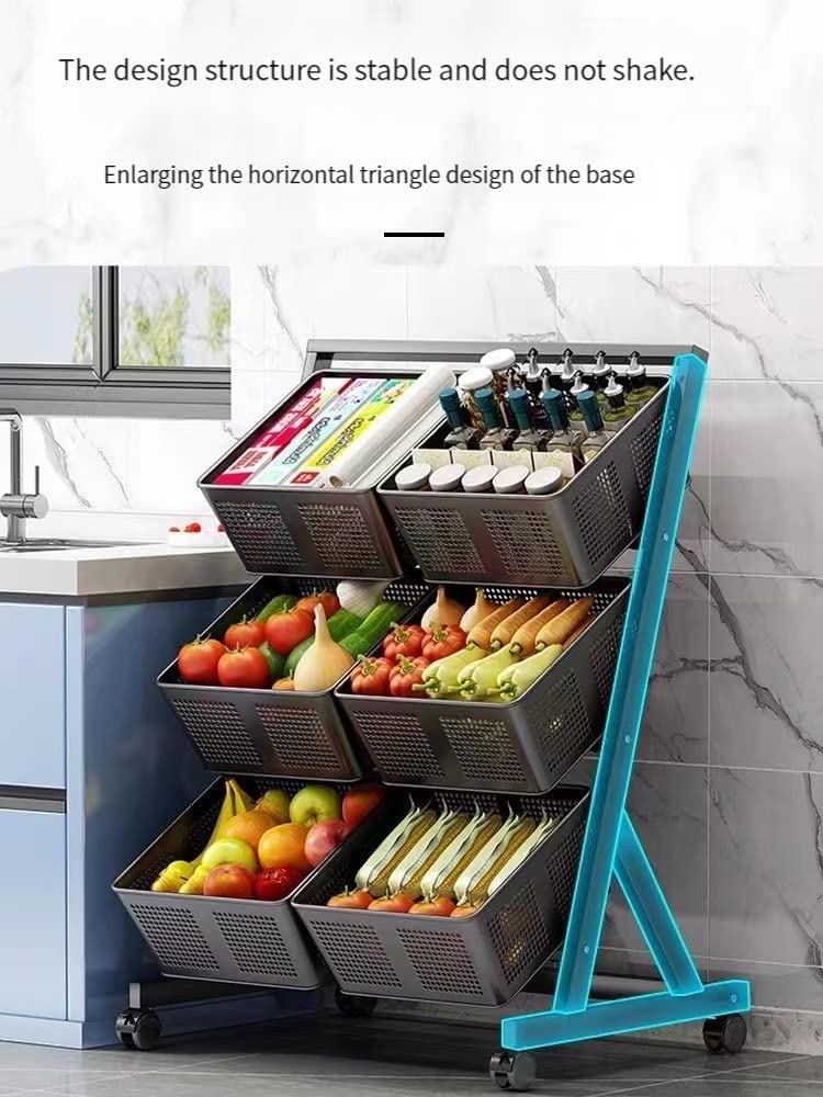 3-Tier Metal Kitchen Storage Basket with Wheels & Push Handle - Black | Multi-Purpose Organizer for Fruits, Vegetables, Pantry & Bathroom | Space-Saving Floor Stand Cart for Home & Office