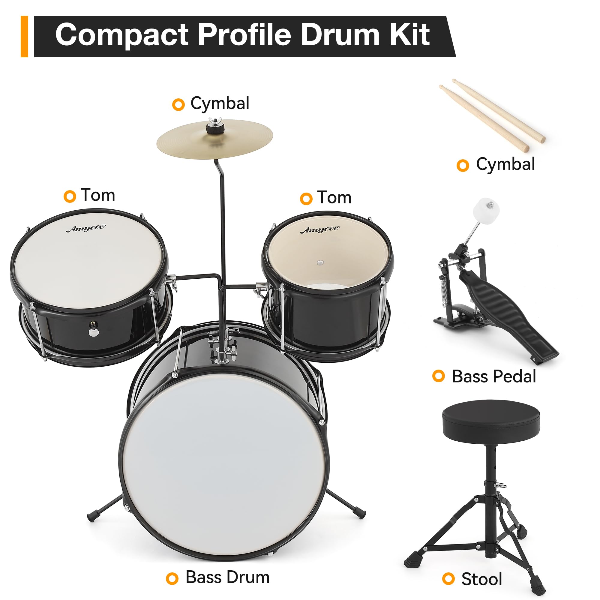 **Beginner Drum Set for Kids - 3-Piece Junior Drum Kit with Bass Drum, 8
