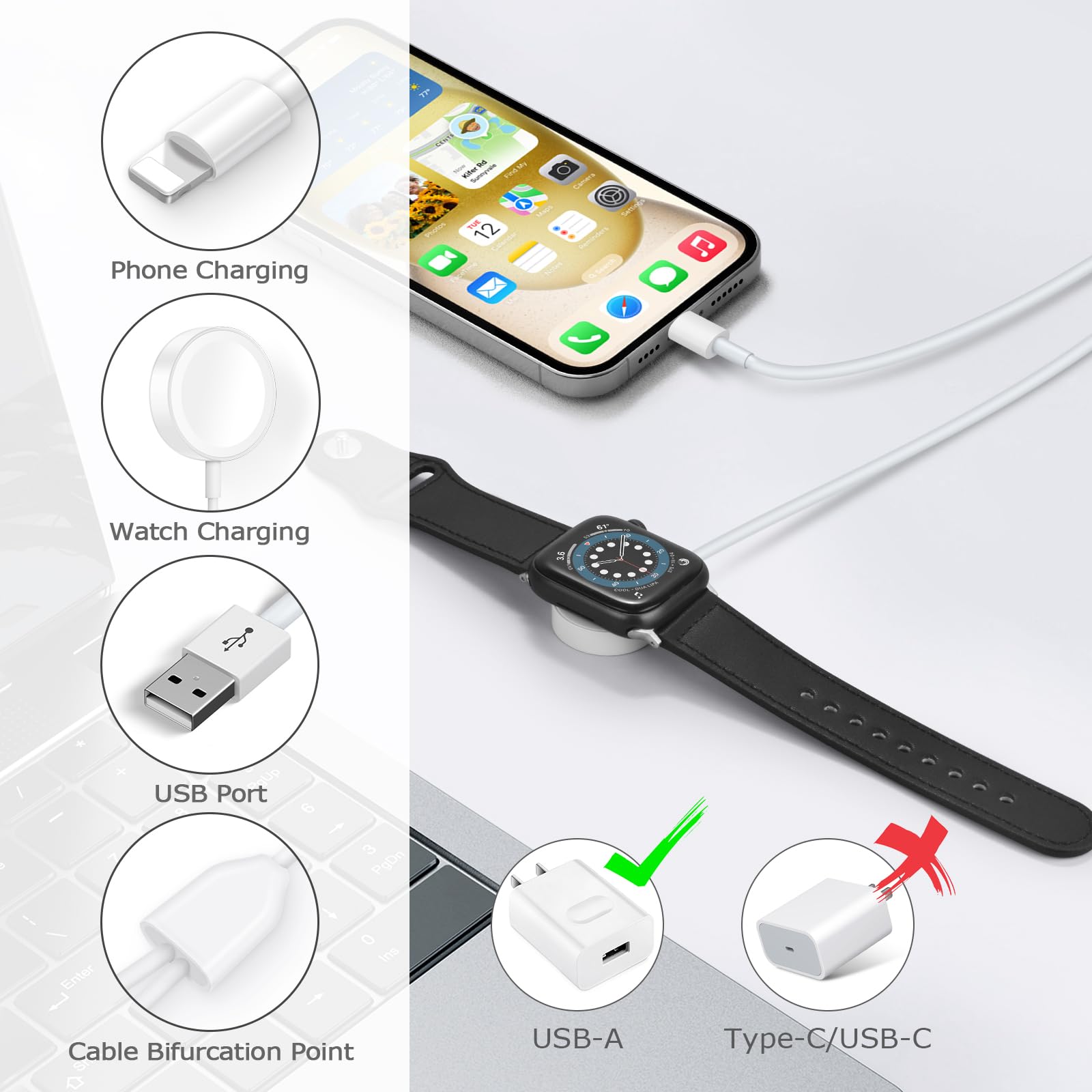 Upgraded 2-in-1 Smart Watch & Phone Charger - Compatible with Apple Watch Series 1-9 & iPhone 14/13/12/11 - 3.9ft Fast Charging Cable for Home, Office & Travel Use
