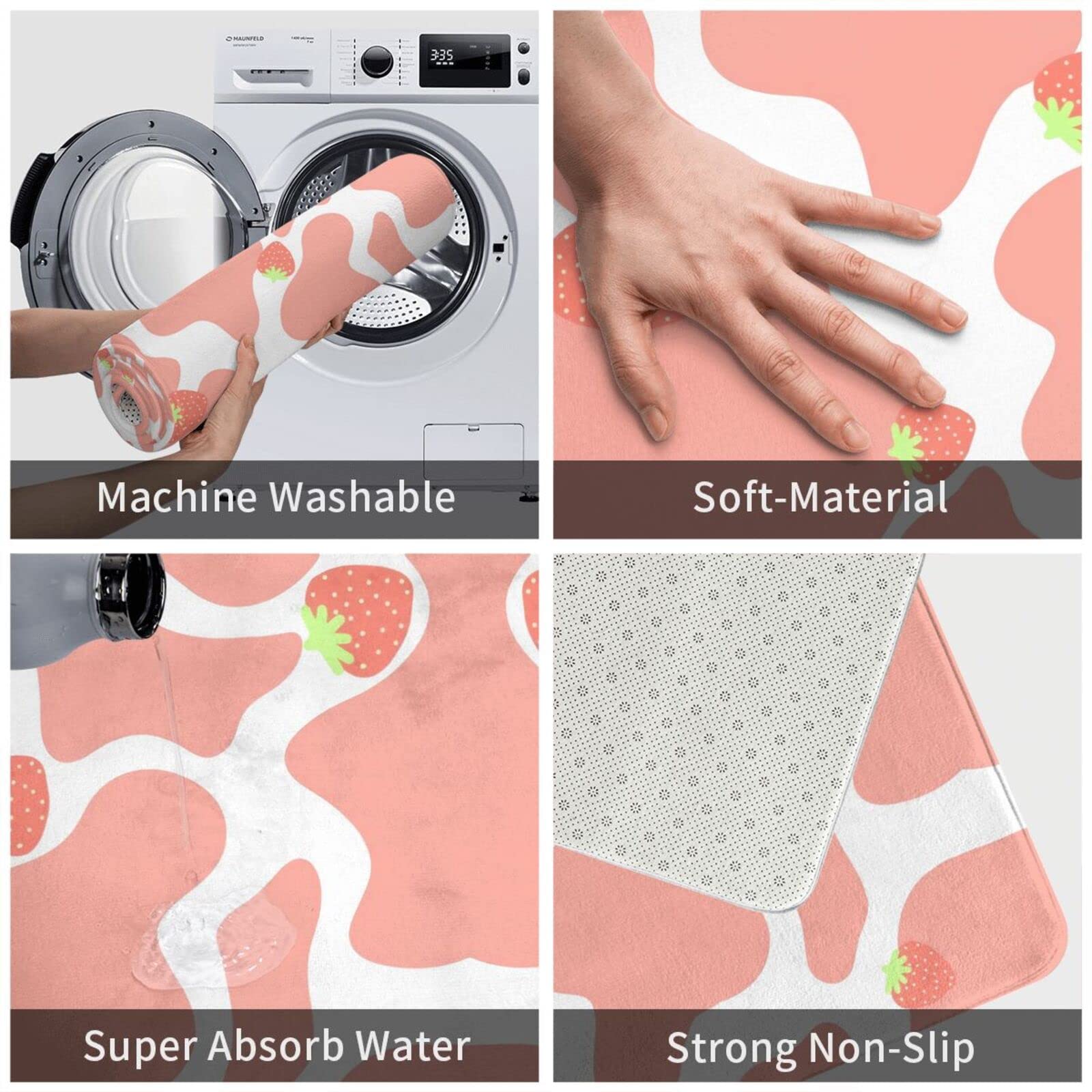Strawberry Cow Print Pink Bath Mat - 15.7x23.5 Inch Non-Slip Plush Velvet Bathroom Rug | Water Absorbent Cute Bathtub Mat for Girls, Teens & Women | Perfect for Bathroom Decor, Shower Mats & Cozy Home Accessories