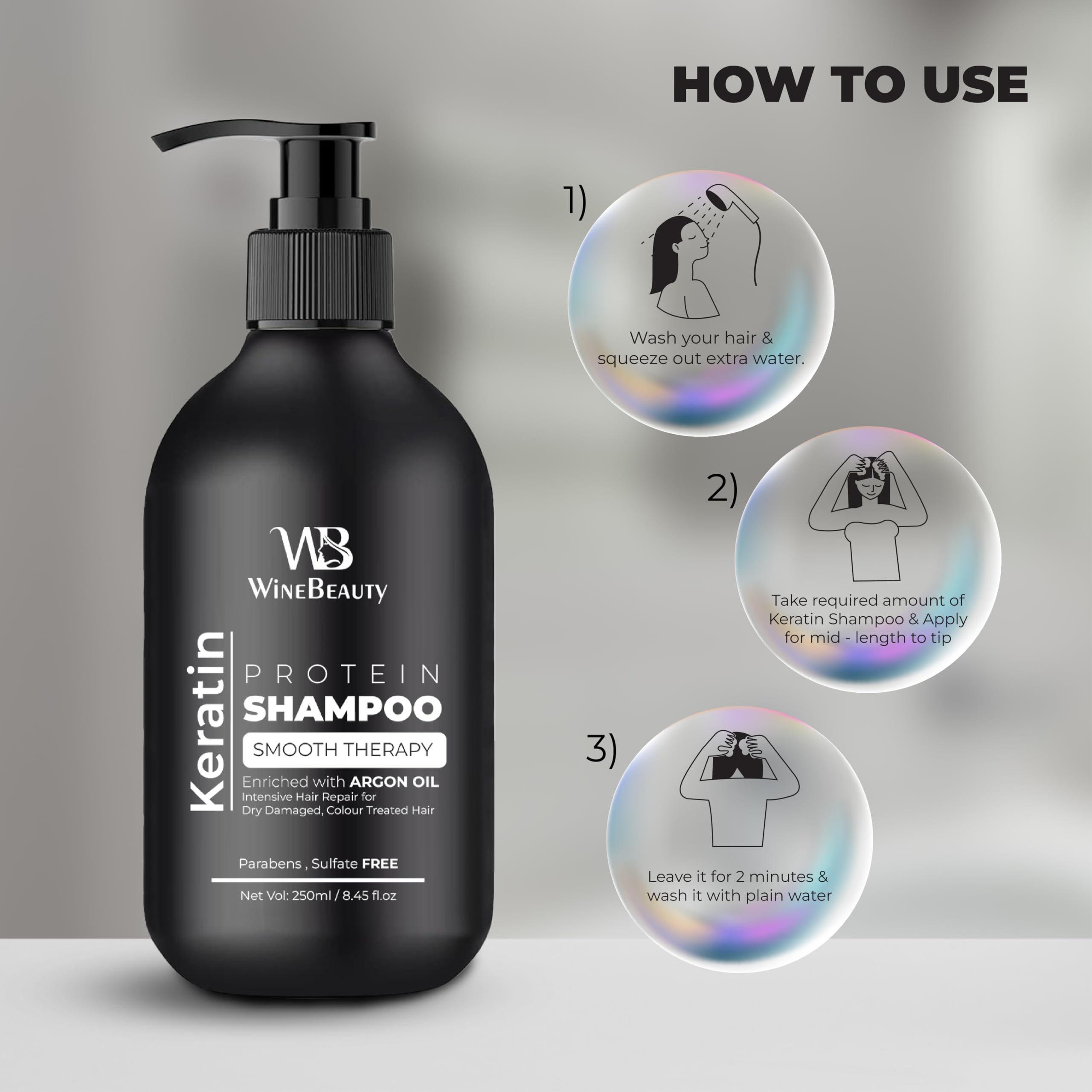 WineBeauty Repair Remedy Sulfate & Paraben Free Shampoo with Keratin & Argan Oil - 250ml | Damaged Hair Treatment for Dry, Frizzy Hair | Salon Quality Hair Care for Women & Men