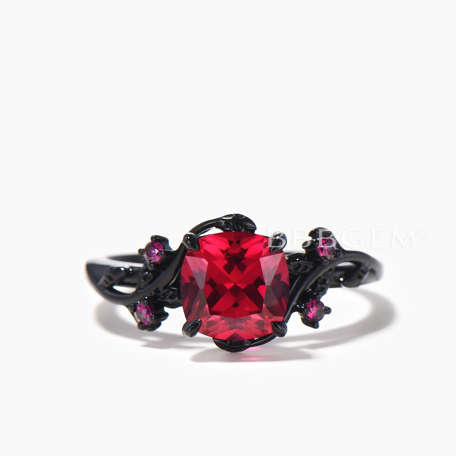 Exquisite Cushion Cut Ruby Black Gold Ring Set - Nature Inspired Engagement Ring for Women - Perfect for Weddings, Anniversaries & Special Occasions