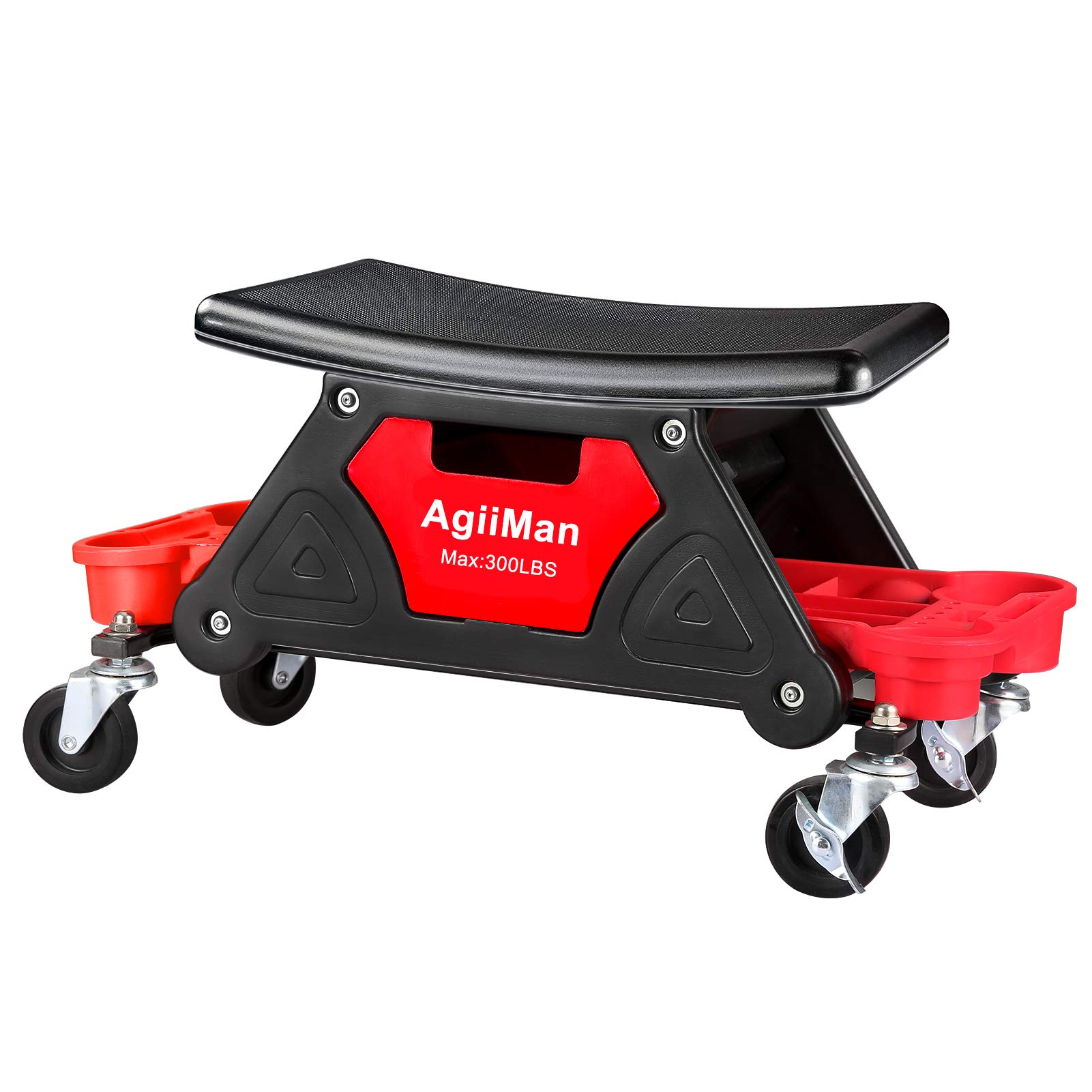 AgiiMan Heavy-Duty Mechanic Stool with Wheels - 300 Lbs Capacity Rolling Garage Stool with Tool Tray & 2 Storage Drawers - Perfect for Auto Repair, Detailing, and Workshop Use