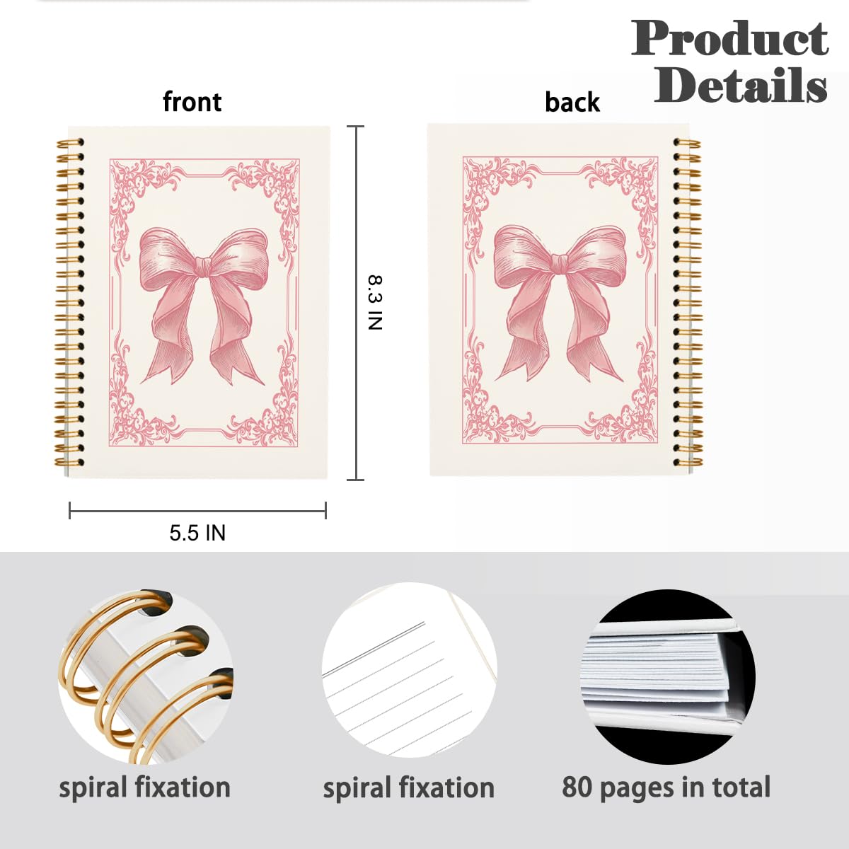 Elegant Pink Bow Coquette Notebook Journal - Preppy & Girly Aesthetic Hardcover Spiral Notebook (5.5x8.3 inches) - Perfect for Women's Desk Accessories, Office Supplies, School Notes & Gift Ideas