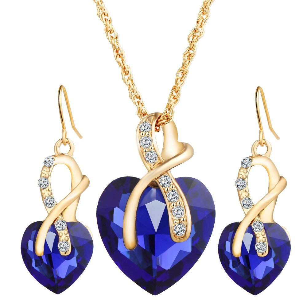 Blue Sapphire Heart of the Ocean Jewelry Set for Women - CZ Crystal Necklace & Earrings Bridal Wedding Gift - Perfect for Anniversaries, Valentine's Day & Special Occasions