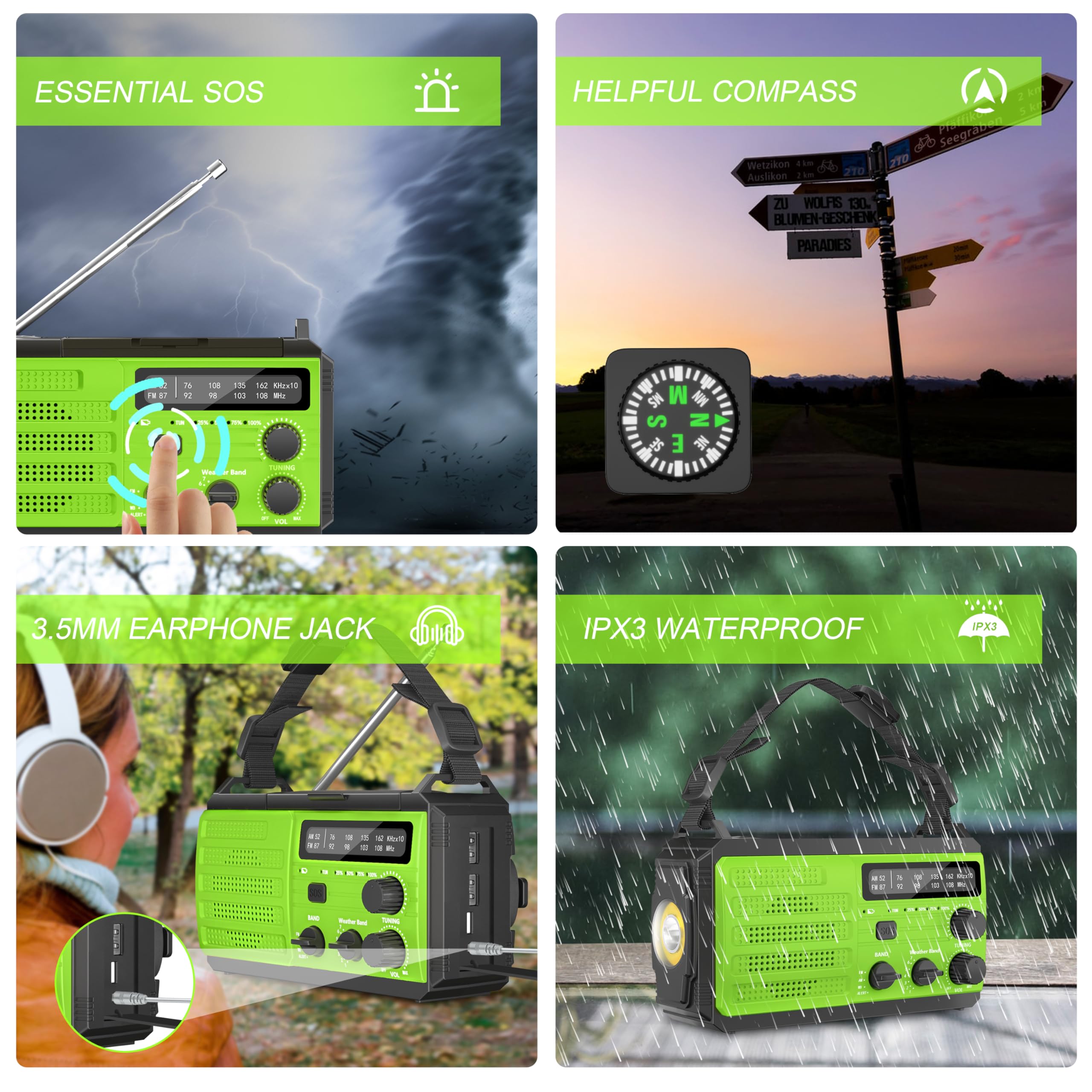 Solar Powered Emergency Radio - 22200mAh NOAA Weather Radio with AM/FM, Hand Crank Flashlight, SOS Alarm & Compass | Portable Survival Radio for Hurricanes, Winter Storms, Camping & Outdoor Adventures