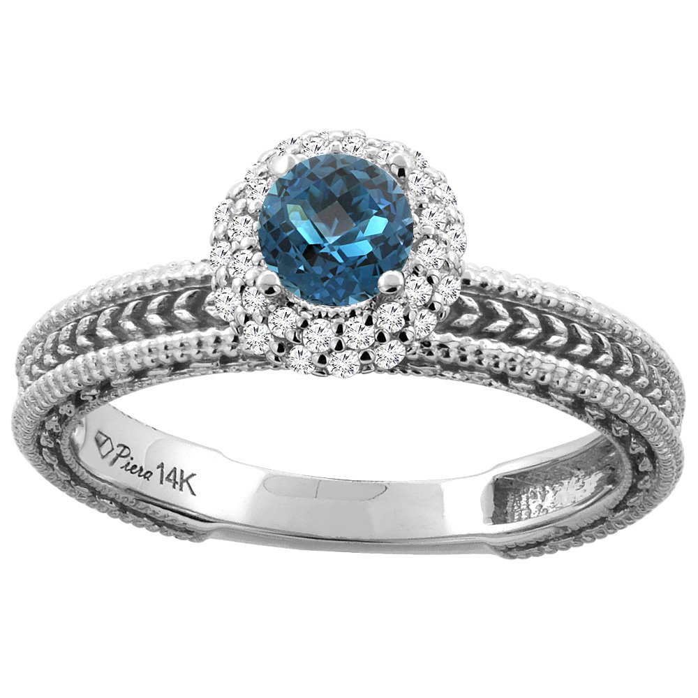 14K White Gold Natural London Blue Topaz & Diamond Engagement Ring for Women - Round 5mm, Size 5-10 - Perfect for Proposals, Weddings & Anniversary Gifts