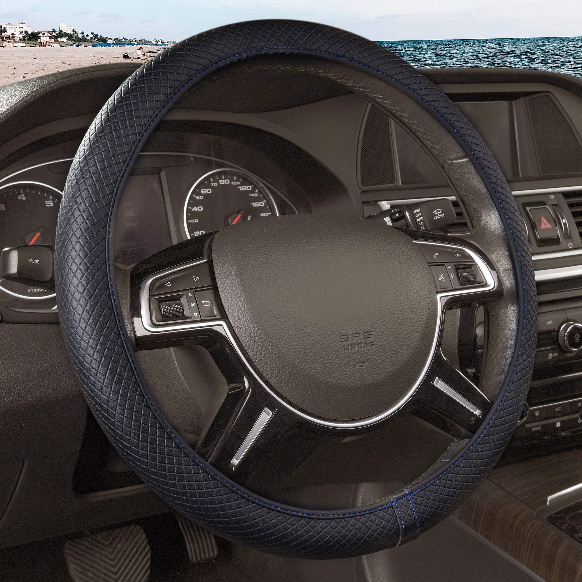 Premium Universal Fit Leatherette & Silicone Anti-Slip Steering Wheel Cover - Ultimate Protection for Cars, SUVs, Trucks & Vans - Blue - Perfect for Daily Commutes, Road Trips & Extreme Weather Protection