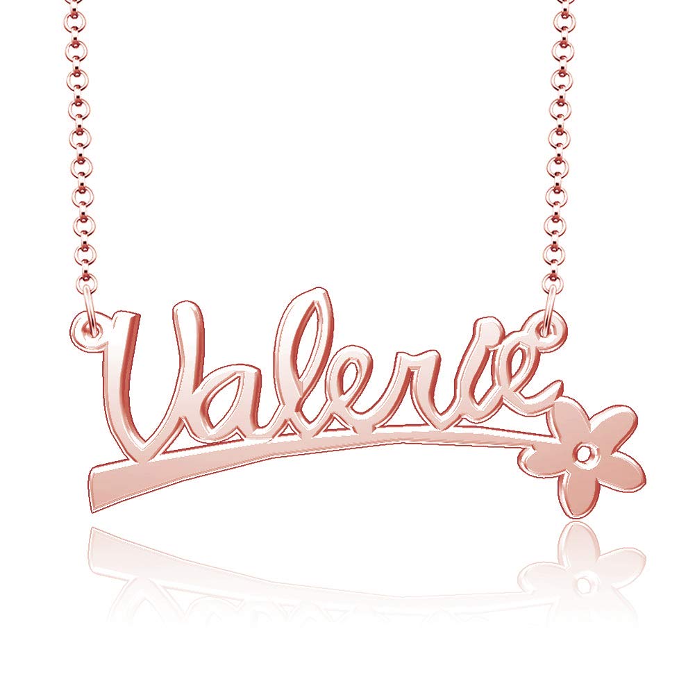 925 Sterling Silver Valerie Name Necklace - Personalized Custom Name Plate with Flower Pendant | Elegant Jewelry Gift for Women, Birthday, Anniversary & Special Occasions