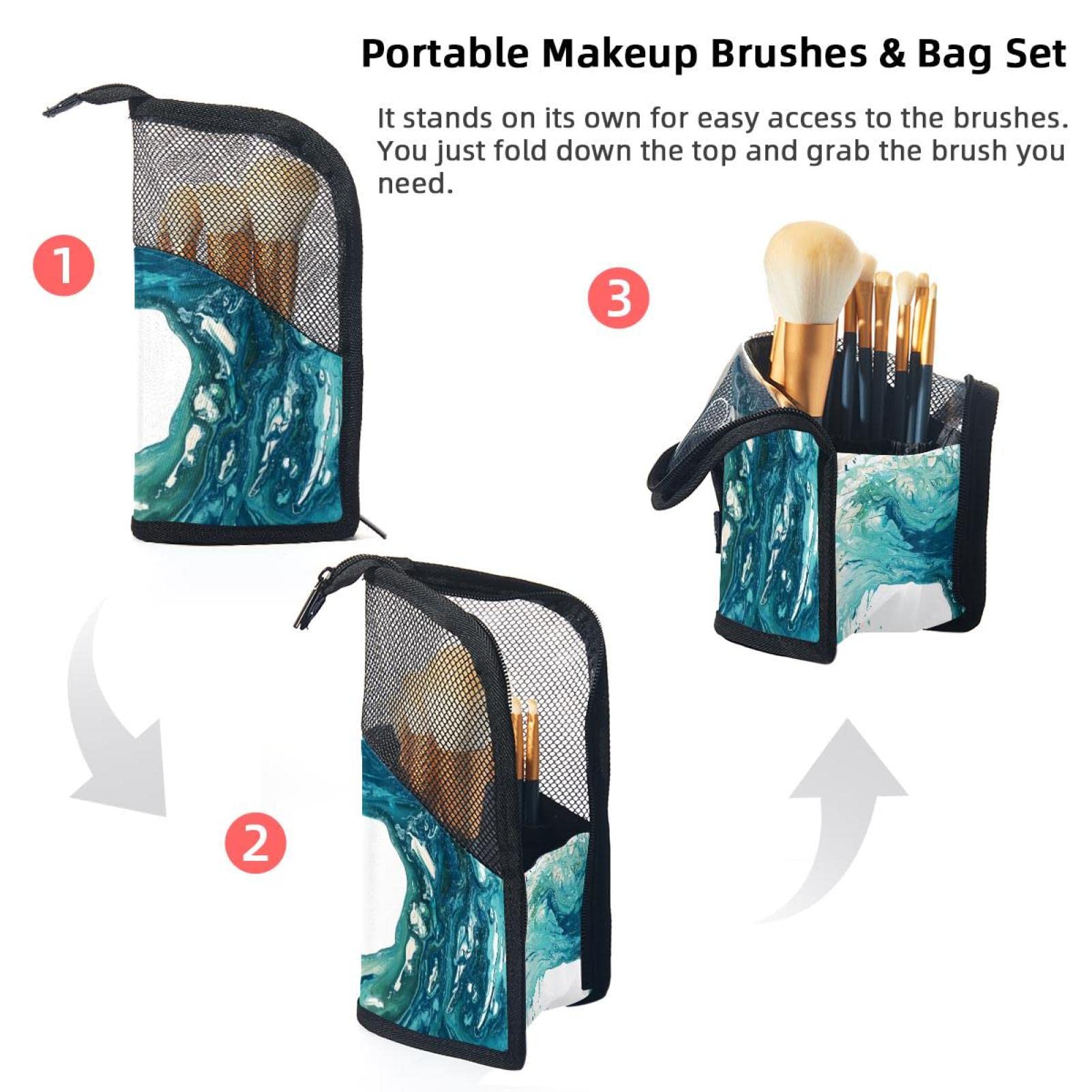 Premium Makeup Brush Organizer Bag with 12 Slots - Turquoise Sea Surf Design, Portable Cosmetic Brush Holder Case for Travel & Home Storage - Perfect for Makeup Artists & Beauty Enthusiasts