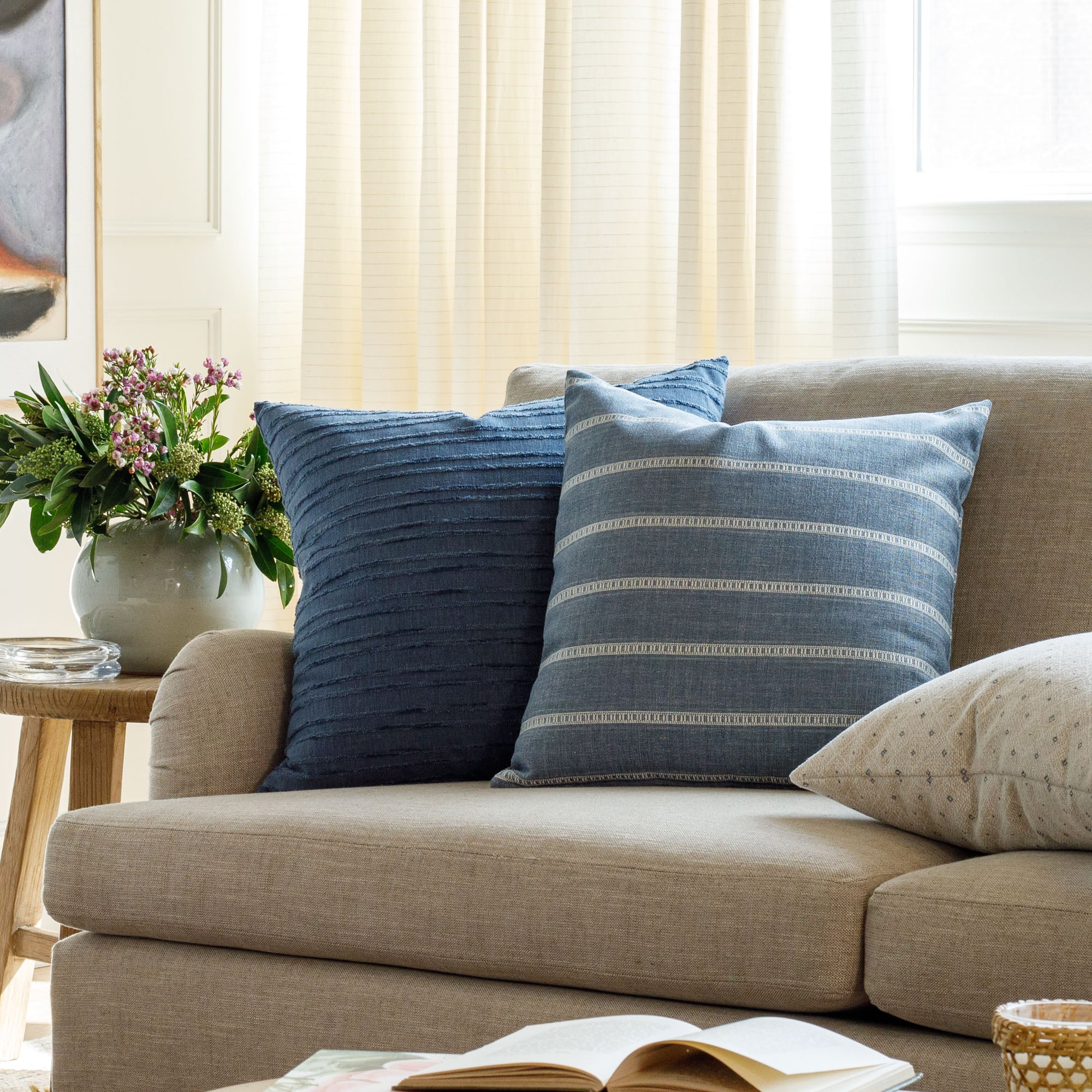 Brunswick Stripe 20x20 Decorative Throw Pillow Cover - Soft Chambray Cotton - Perfect for Sofa, Bed & Home Decor