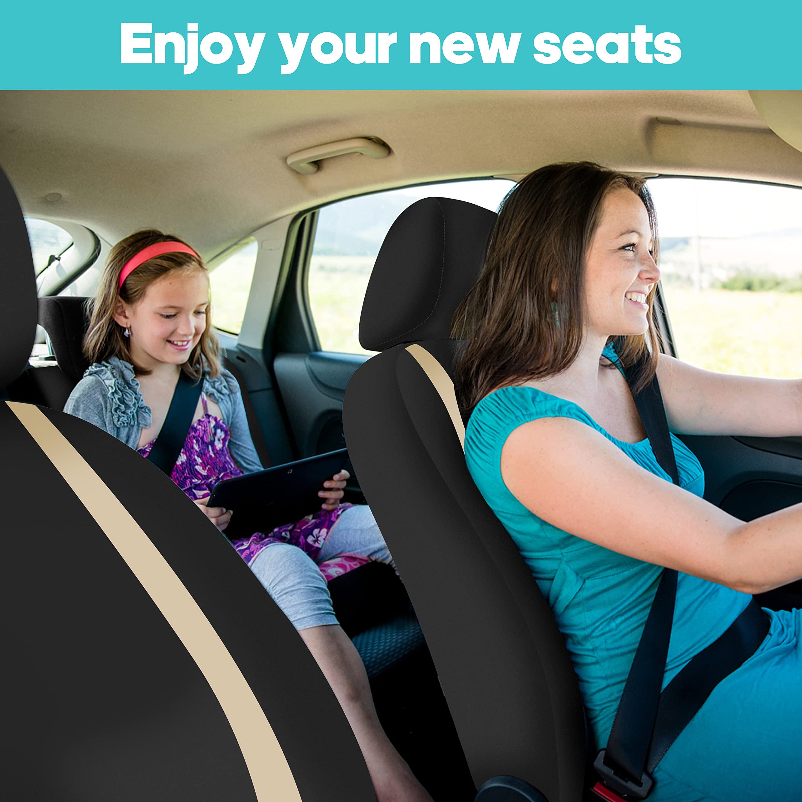 Premium FH Group Car Seat Covers - Universal Fit Flat Cloth Full Set (Front & Rear Bench) in Beige & Black | Durable Automotive Interior Accessories for Cars, Trucks & SUVs | Perfect for Daily Commute, Road Trips & Family Protection