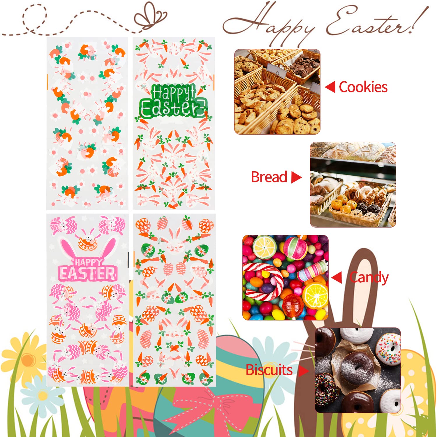 LOKIPA Easter Cellophane Treat Bags - 120pcs Assorted Styles with Ties for Candy, Gifts & Party Favors - Perfect for Easter Celebrations, Classroom Treats & Holiday Goodie Bags