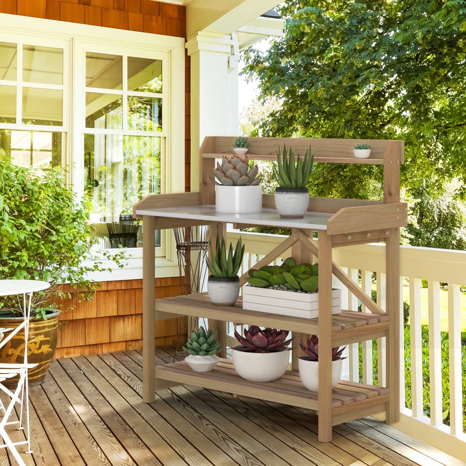 SAFSTAR Heavy Duty Fir Wood Potting Bench with Metal Tabletop & 2 Storage Shelves - Outdoor Gardening Workstation for Backyard, Balcony & Patio - Perfect for Planting, Repotting & Organizing Garden Tools