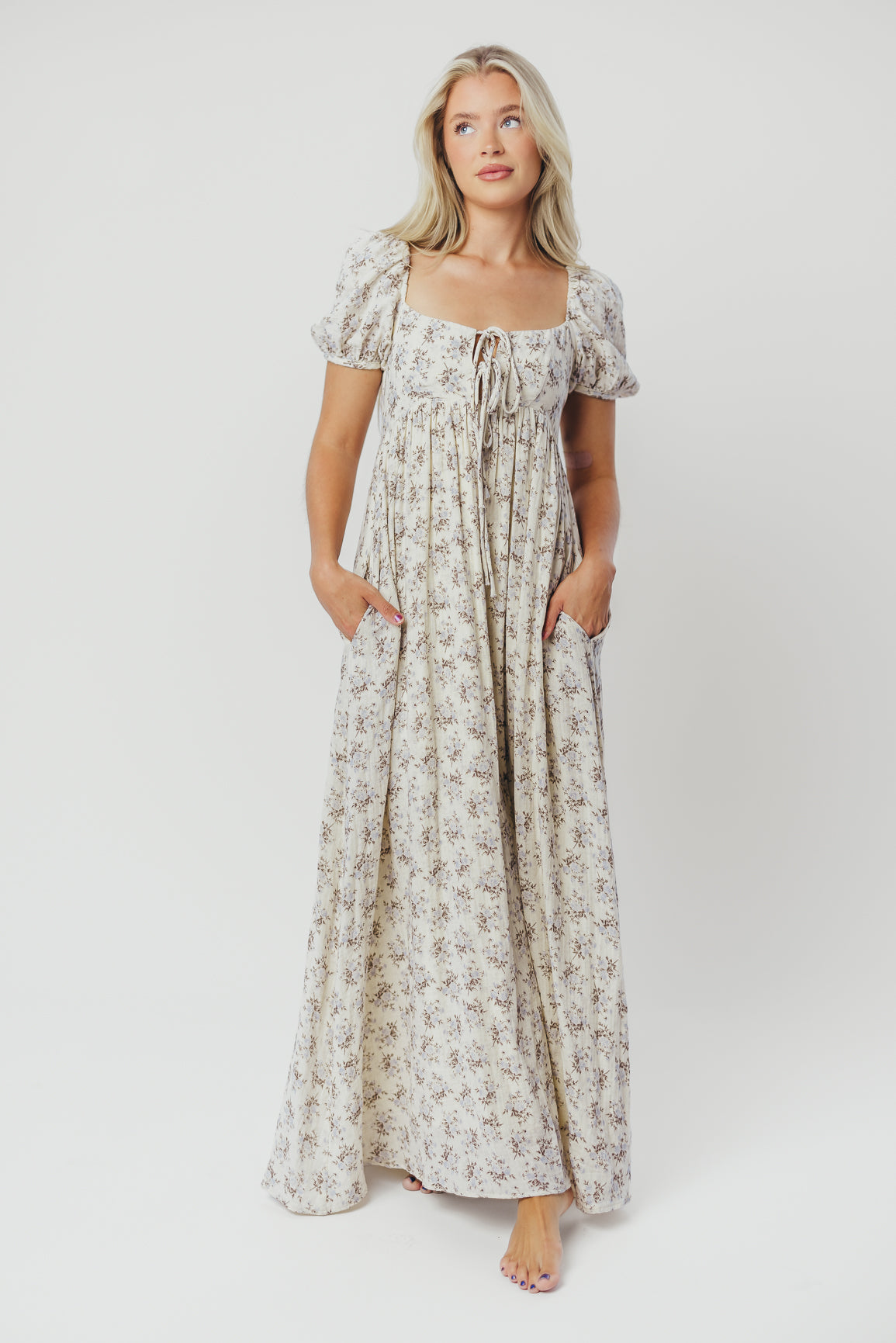 Haven 100% Cotton Tie Front Maxi Dress - Blue & Brown Floral Print | Bump Friendly Maternity Dress | Perfect for Beach, Vacation & Summer Outfits