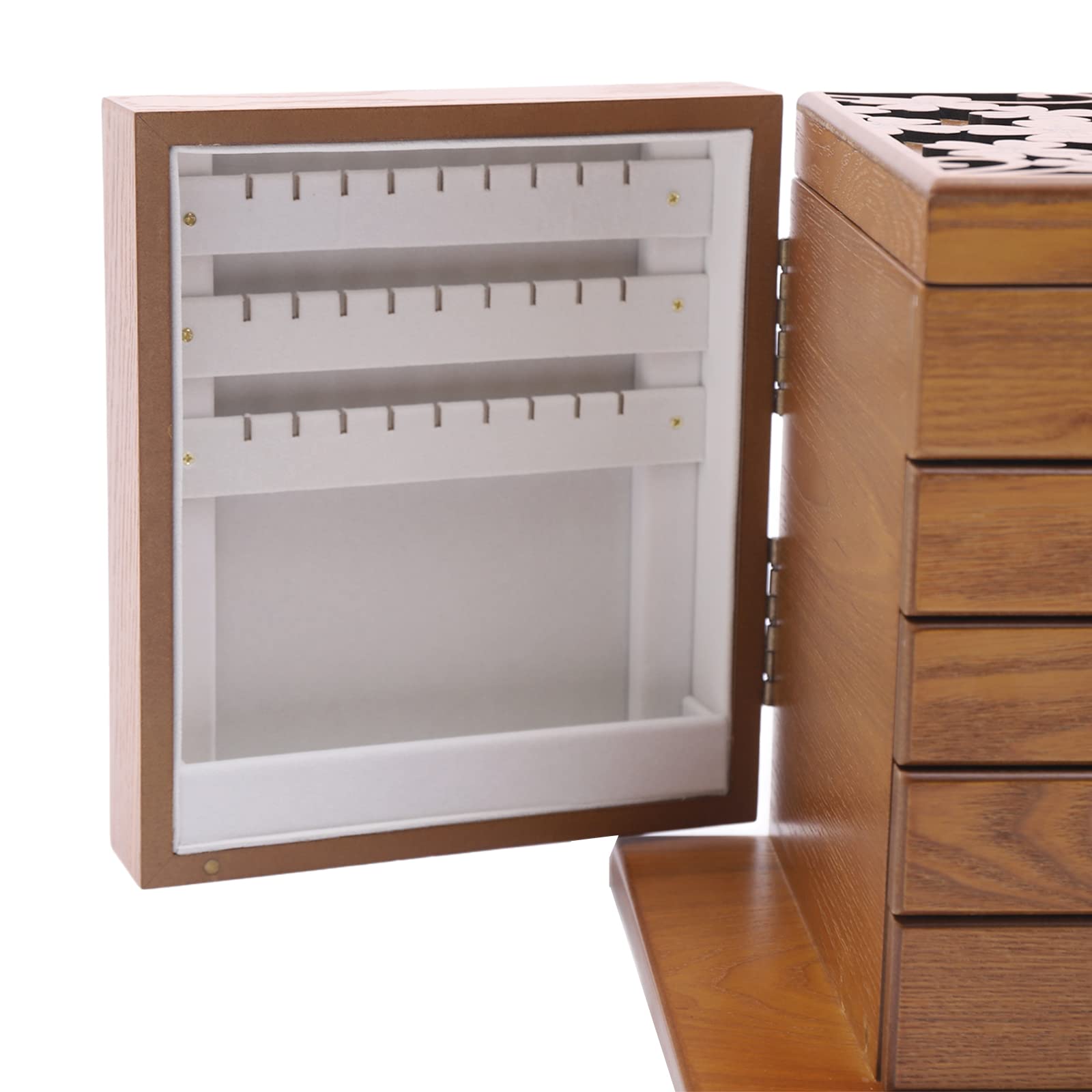 5-Layer Jewelry Organizer Box with Mirror & Drawers - Large Jewelry Storage Case for Earrings, Necklaces, Bracelets & Watches - Dark Brown Wooden Jewelry Box for Bedroom, Vanity & Travel