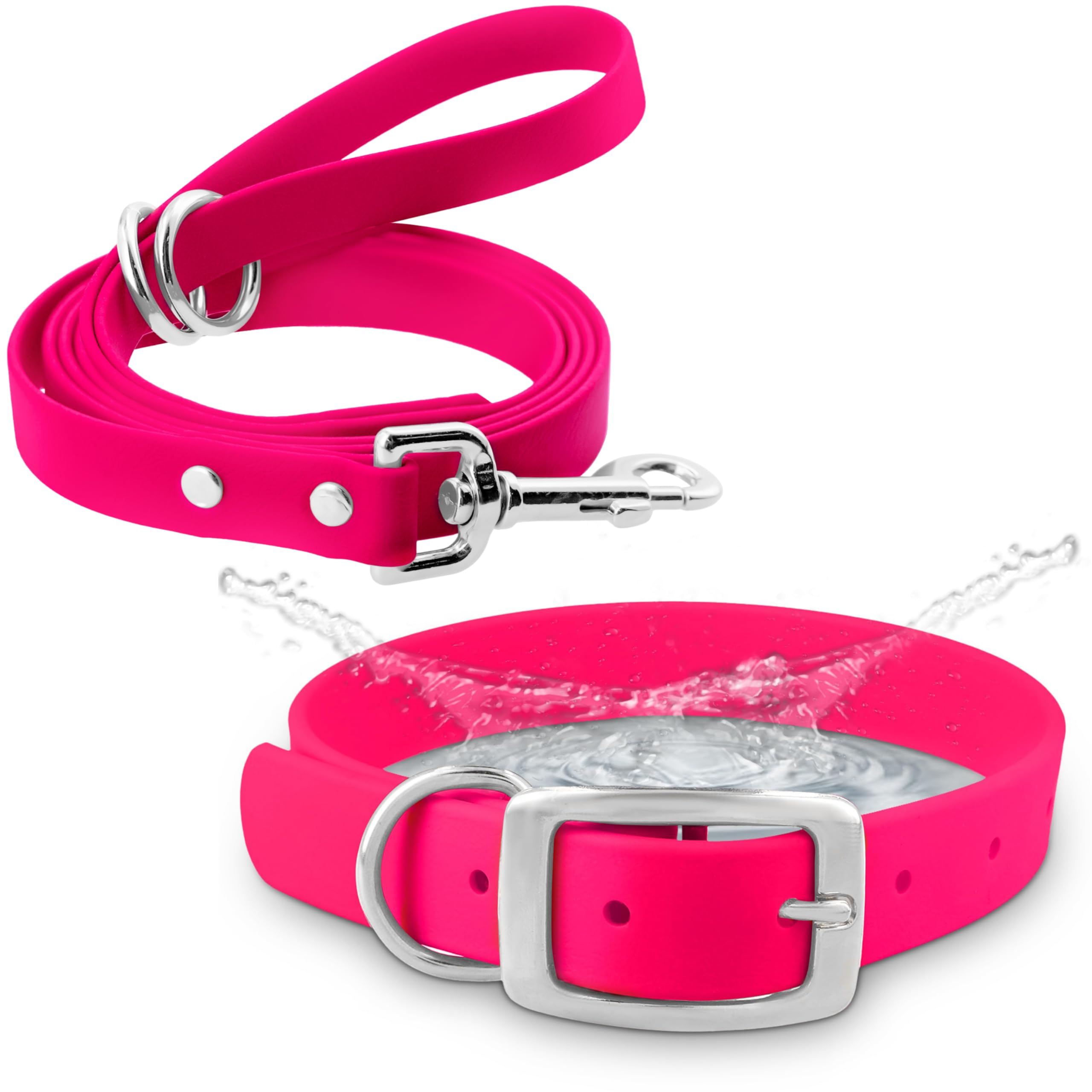 Regal Dog Products Small Pink Waterproof Dog Collar and Leash Set - Heavy Duty Double Buckle & D Ring | 5ft Chew Resistant Biothane Leash | Adjustable Waterproof Dog Collar for Small Dogs | Perfect for Walking, Training & Outdoor Adventures