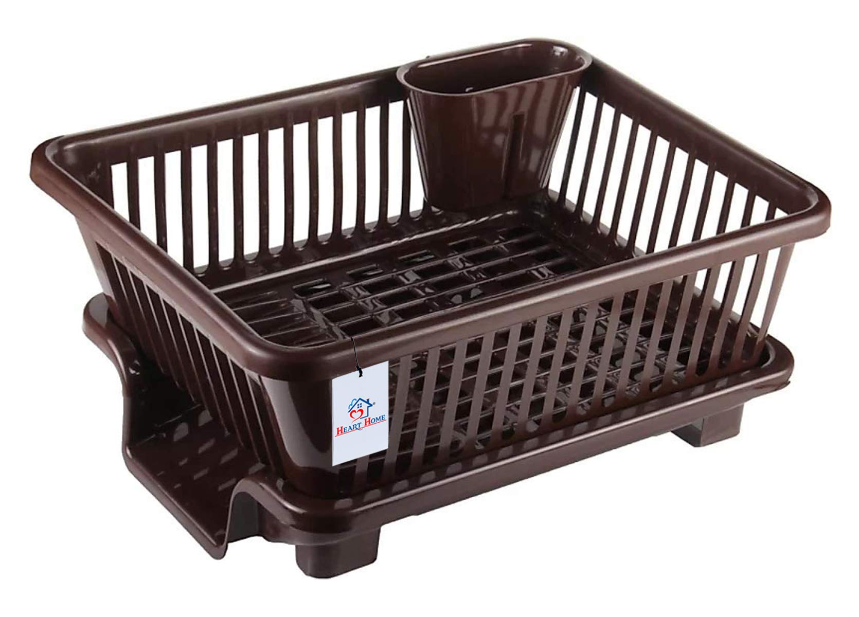 **Heart Home 3-in-1 Large Durable Plastic Kitchen Sink Dish Rack Drainer & Drying Rack with Tray – Organize Utensils, Cutlery & Dishes – Perfect for Small Kitchens, Dishwashing & Countertop Storage (Brown, HEART10737)**