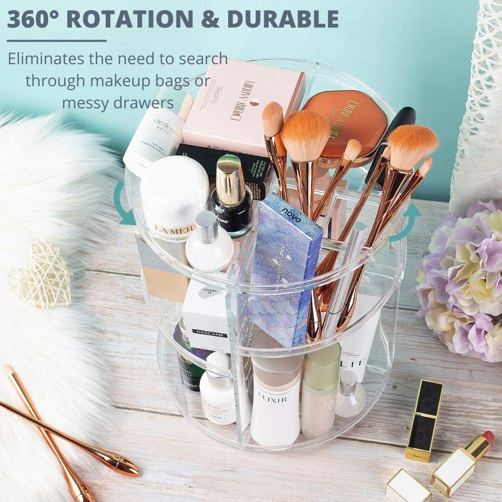 360° Rotating Acrylic Makeup Organizer - Spinning Lazy Susan Cosmetic Storage for Bathroom, Vanity & Dresser | Holds Makeup, Brushes, Perfumes, Creams & Skincare Products | Clear Desktop Organizer for Easy Access & Space Saving