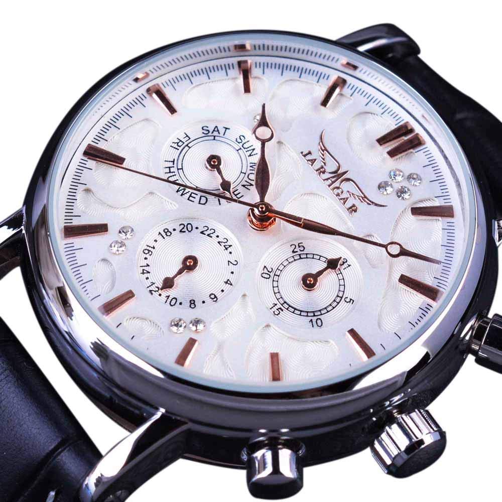 Premium Blue Hands White Dial Leather Strap Men's Automatic Mechanical Watch with 3 Subdials & Diamond Accents - Perfect for Business, Formal Events & Luxury Gift Giving