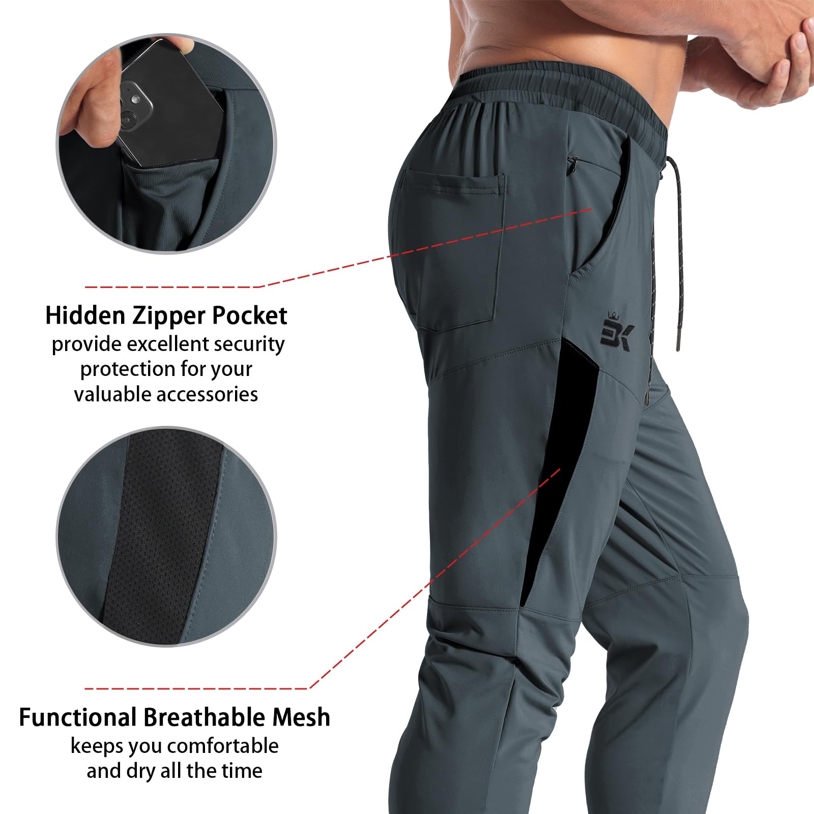 BROKIG Men's Tapered Gym Joggers - Lightweight Quick-Dry Workout Pants with Pockets for Running, Training & Casual Wear