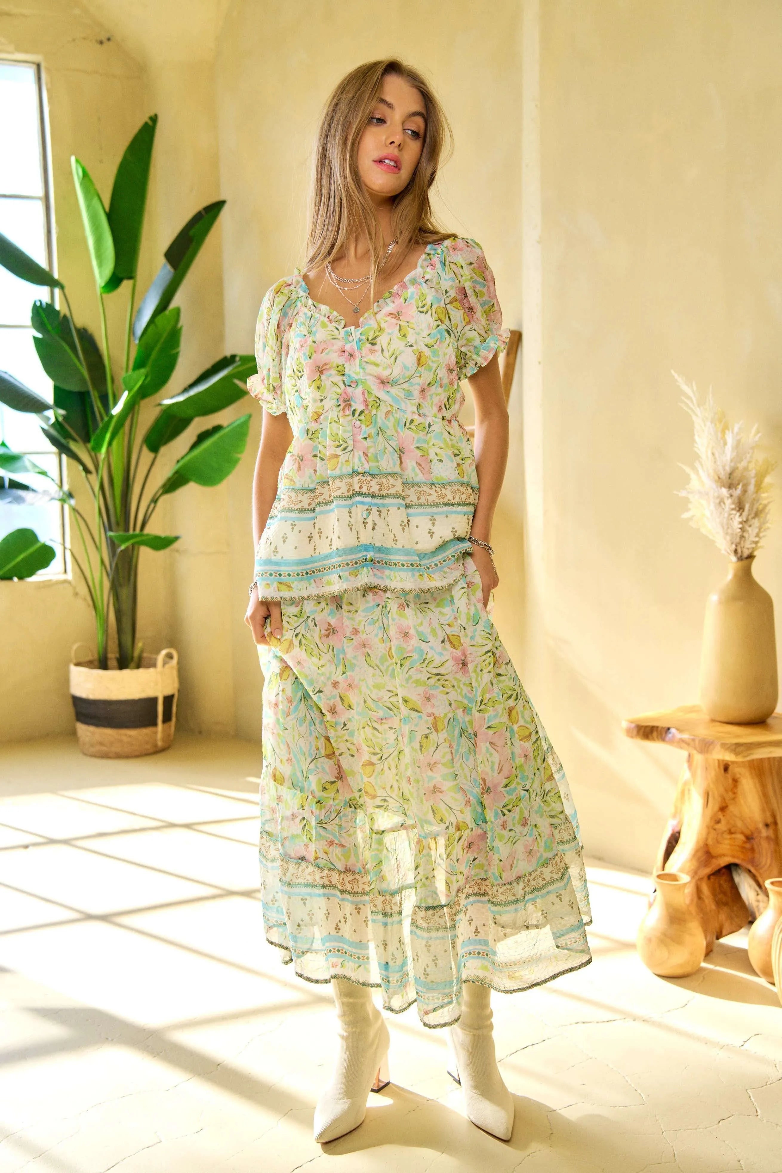Spring Floral Print Elastic Ruffled Skirt for Women - Comfortable Stretchy Waistband A-Line Midi Skirt for Casual Outings, Beach Vacations & Spring Fashion