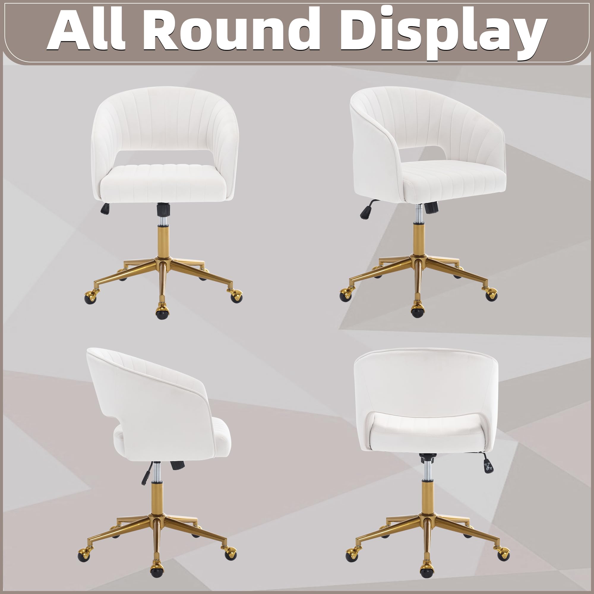 ABET Velvet Swivel Office Chair with Wheels & Adjustable Back - Modern Upholstered Desk Chair with Gold Base for Home, Living Room, Bedroom & Vanity - Cream White | Ergonomic Comfort for Work & Relaxation