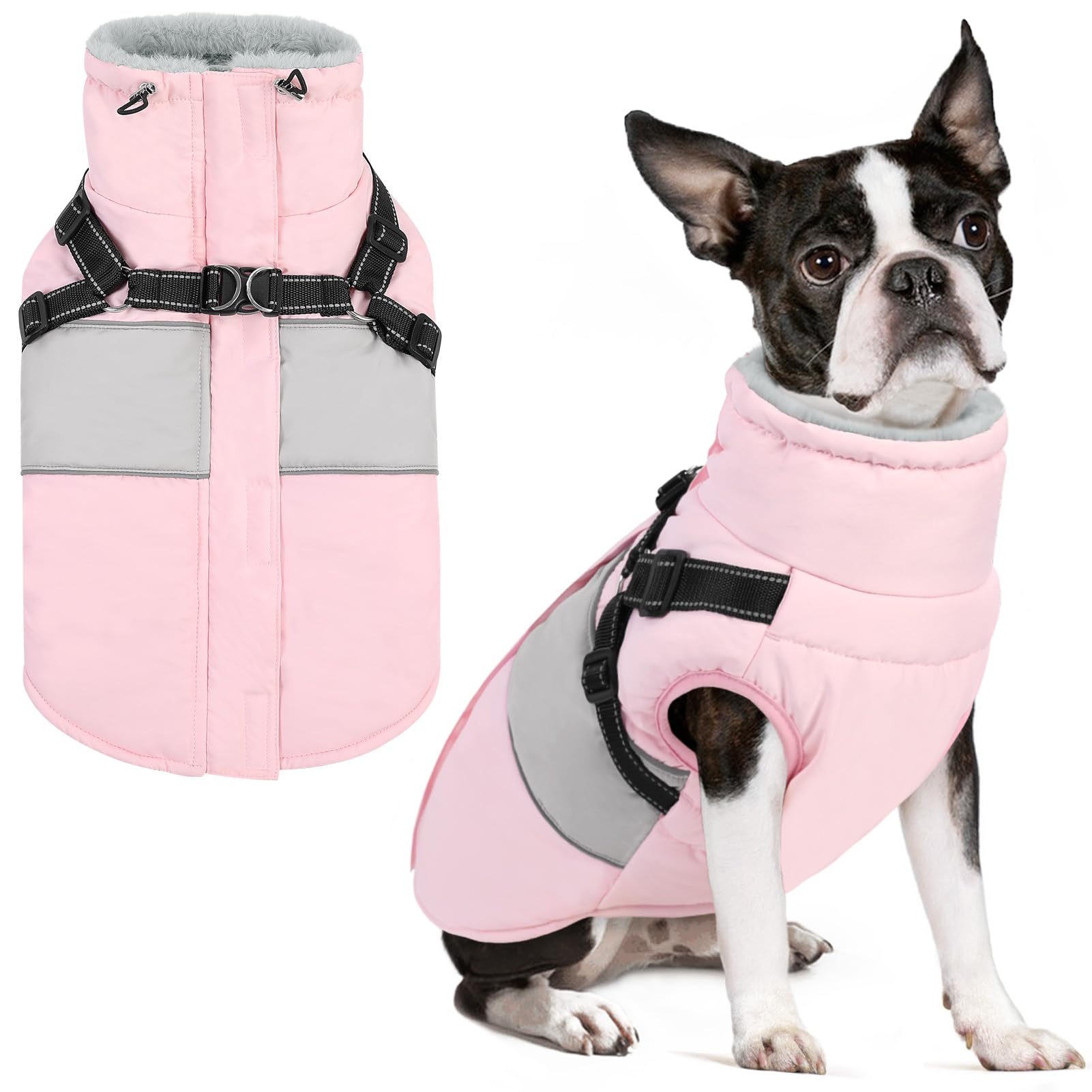 Waterproof Reflective Dog Winter Coat with Fleece Lining & Harness - Warm Snow Jacket for Medium Dogs (Pug, Jack Russel, Boston Terrier) - Perfect for Cold Weather Walks, Outdoor Adventures & Winter Protection - Pink